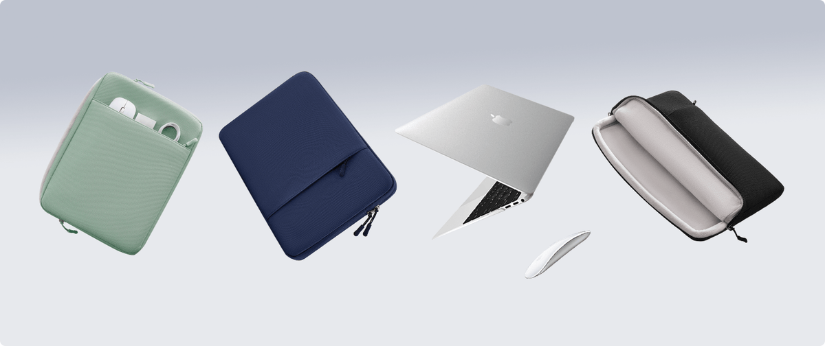 Four laptop sleeves shown floating on a light gray gradient background