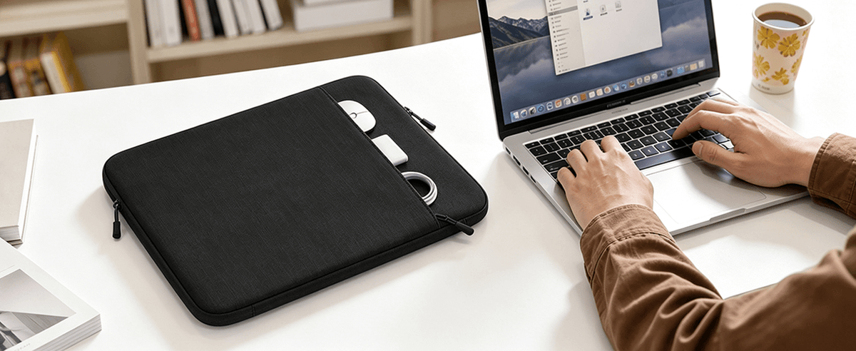 A black laptop sleeve with a zippered pocket holding a white mouse and silver USB drives, shown on a white desk next to a person using a laptop.