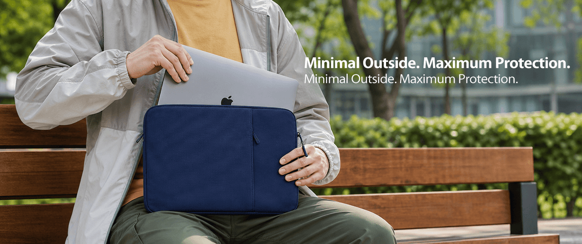 A navy blue laptop sleeve with a zippered pocket is shown being worn by a person sitting on a wooden park bench, holding a silver laptop inside.