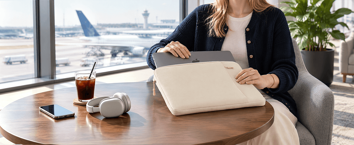 A woman sits at a wooden table in airport lounge, using a cream-colored laptop sleeve with a laptop inside. 