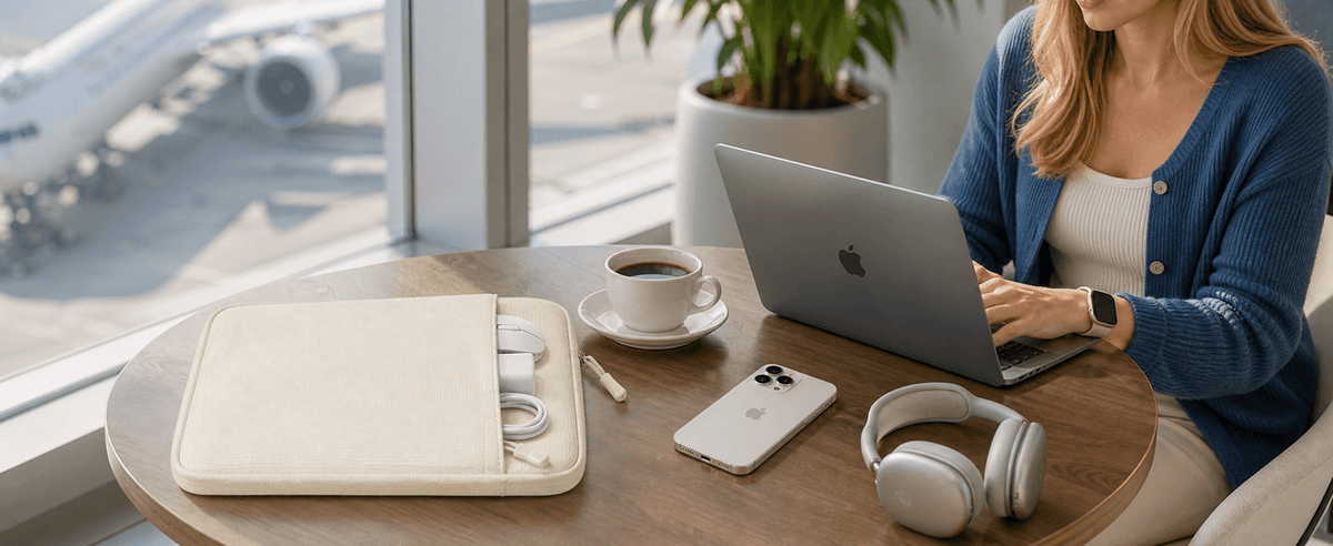 A woman sits at a wooden table by a window in a bright airport lounge, using a silver laptop. On the table are a cream laptop sleeve, a cup of coffee