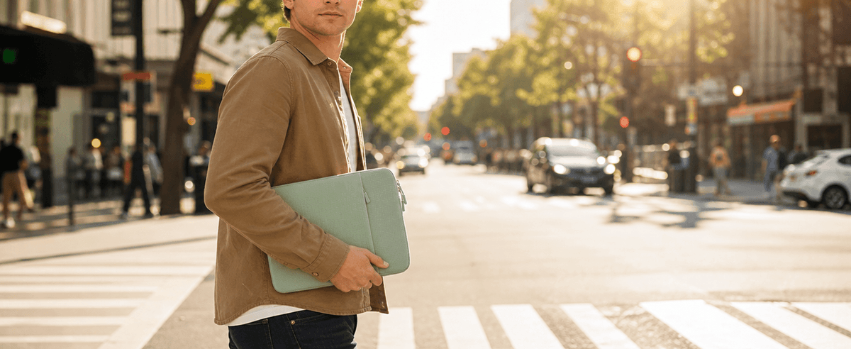 A man stands at a city crosswalk holding a light sage green laptop sleeve, with a blurred urban street background.