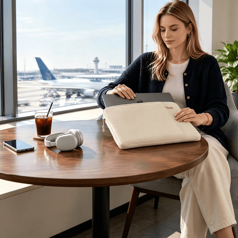 A woman sits at a round wooden table by a large window, using a cream laptop sleeve to hold a gray laptop. 