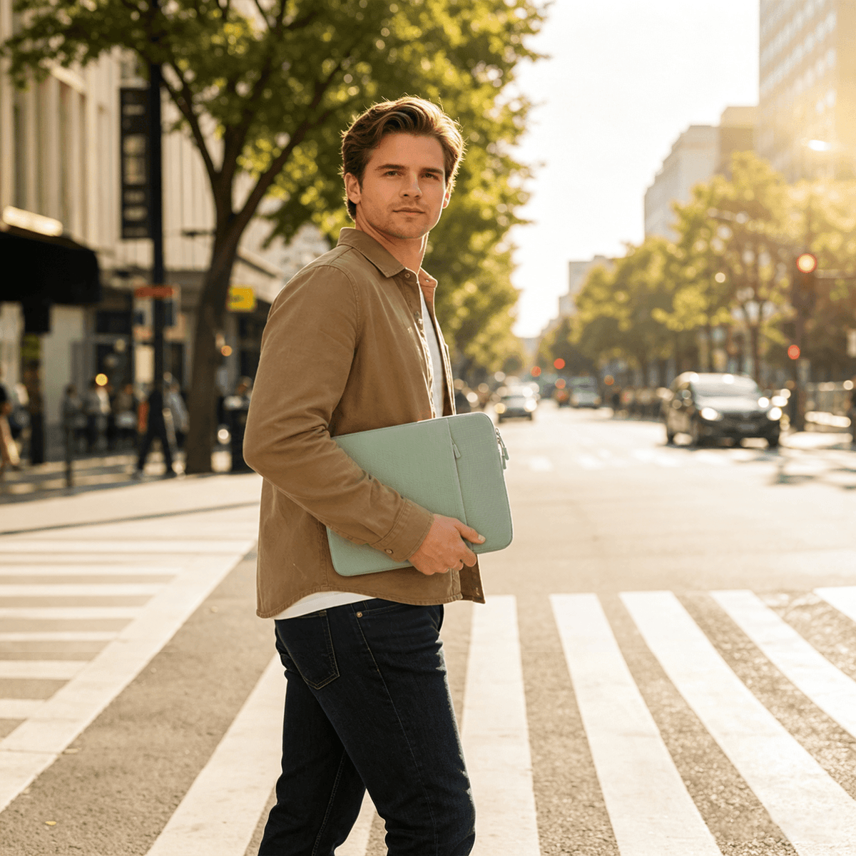 A man holding a light sage green laptop sleeve with a blurred urban street background.