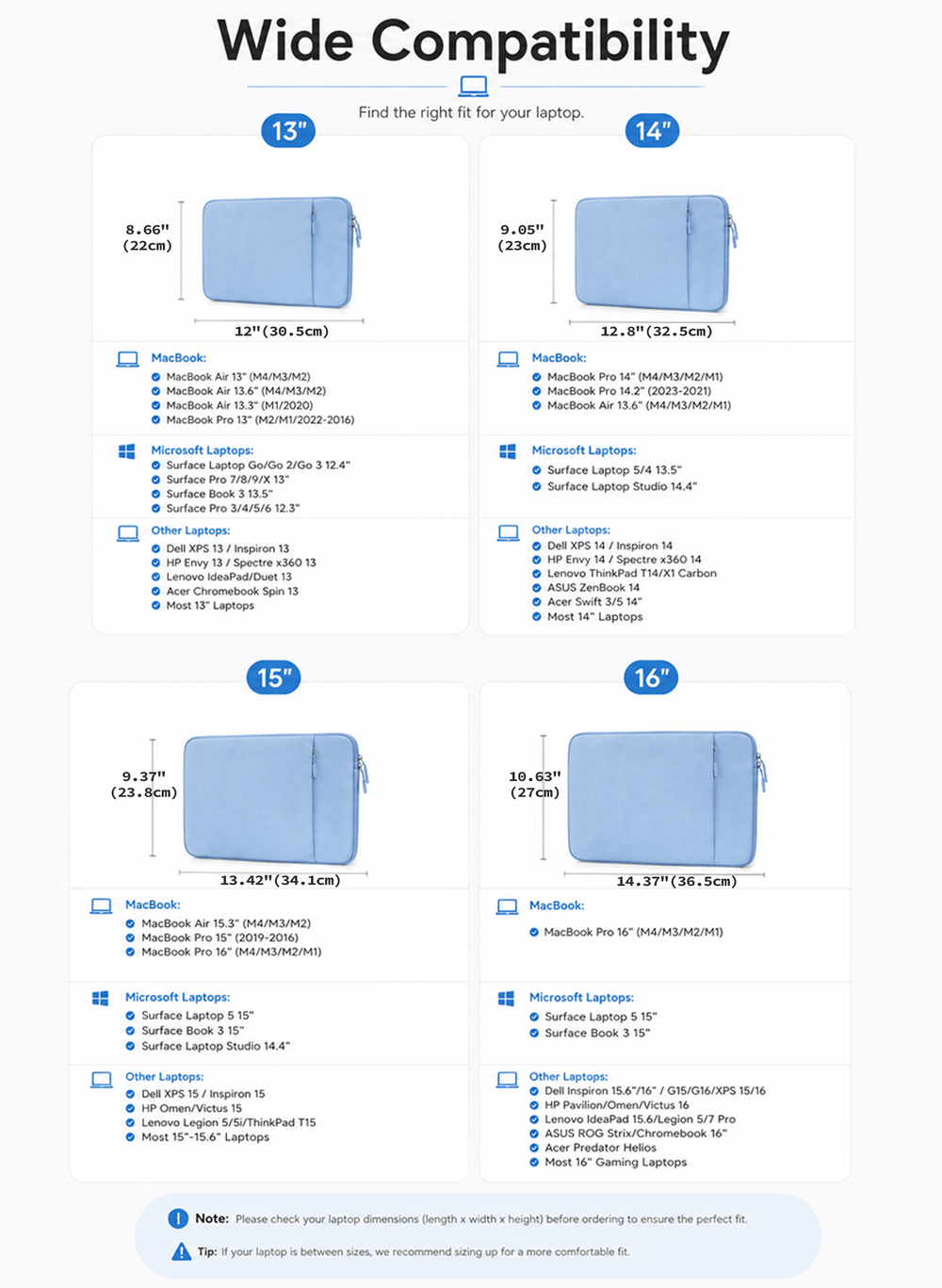 A compatibility chart showing a blue laptop sleeve on laptop size diagrams for 13, 14, 15, and 16-inch laptops,