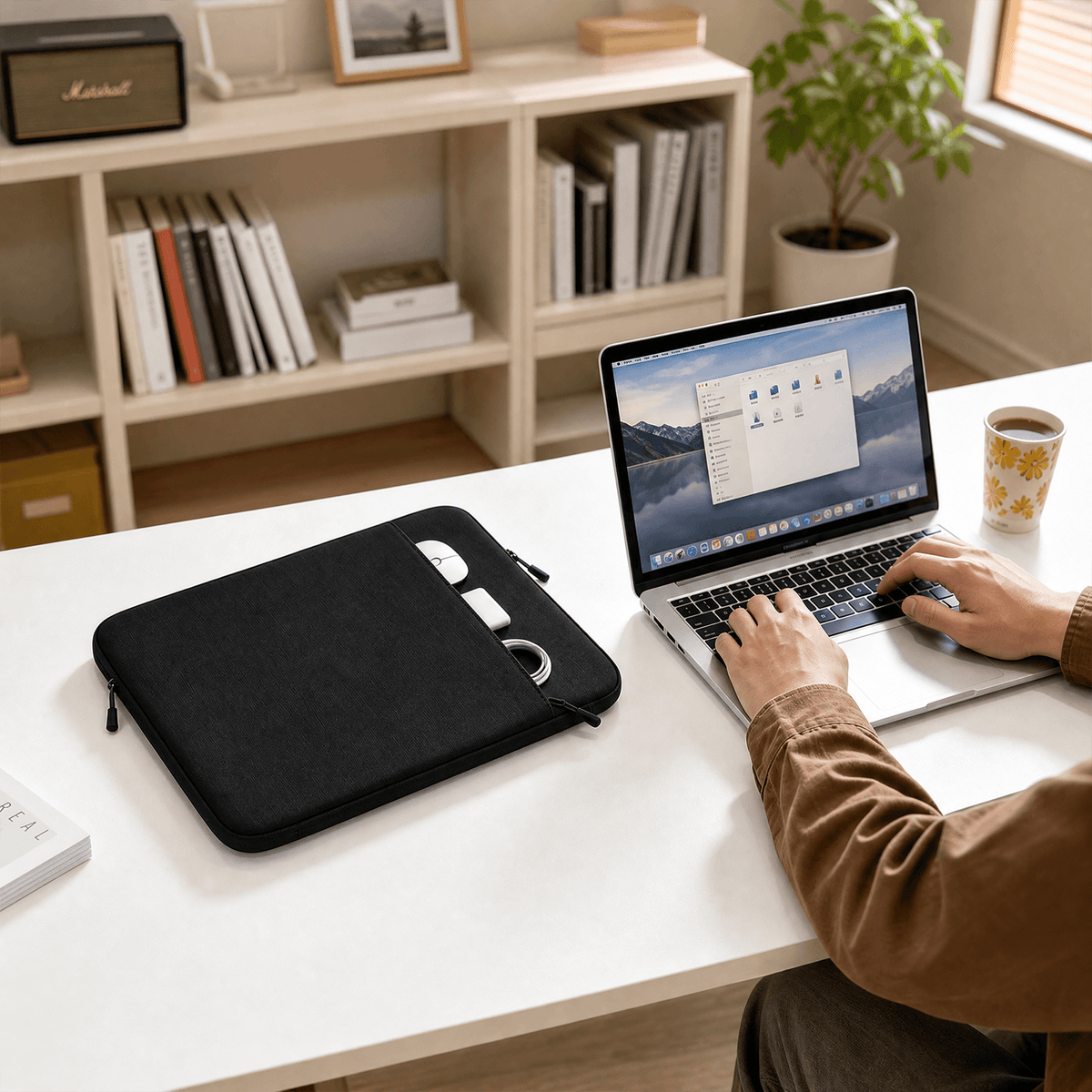 A black laptop sleeve with a zippered pocket holding a white power bank and a small white item, placed on a white desk beside an open silver laptop
