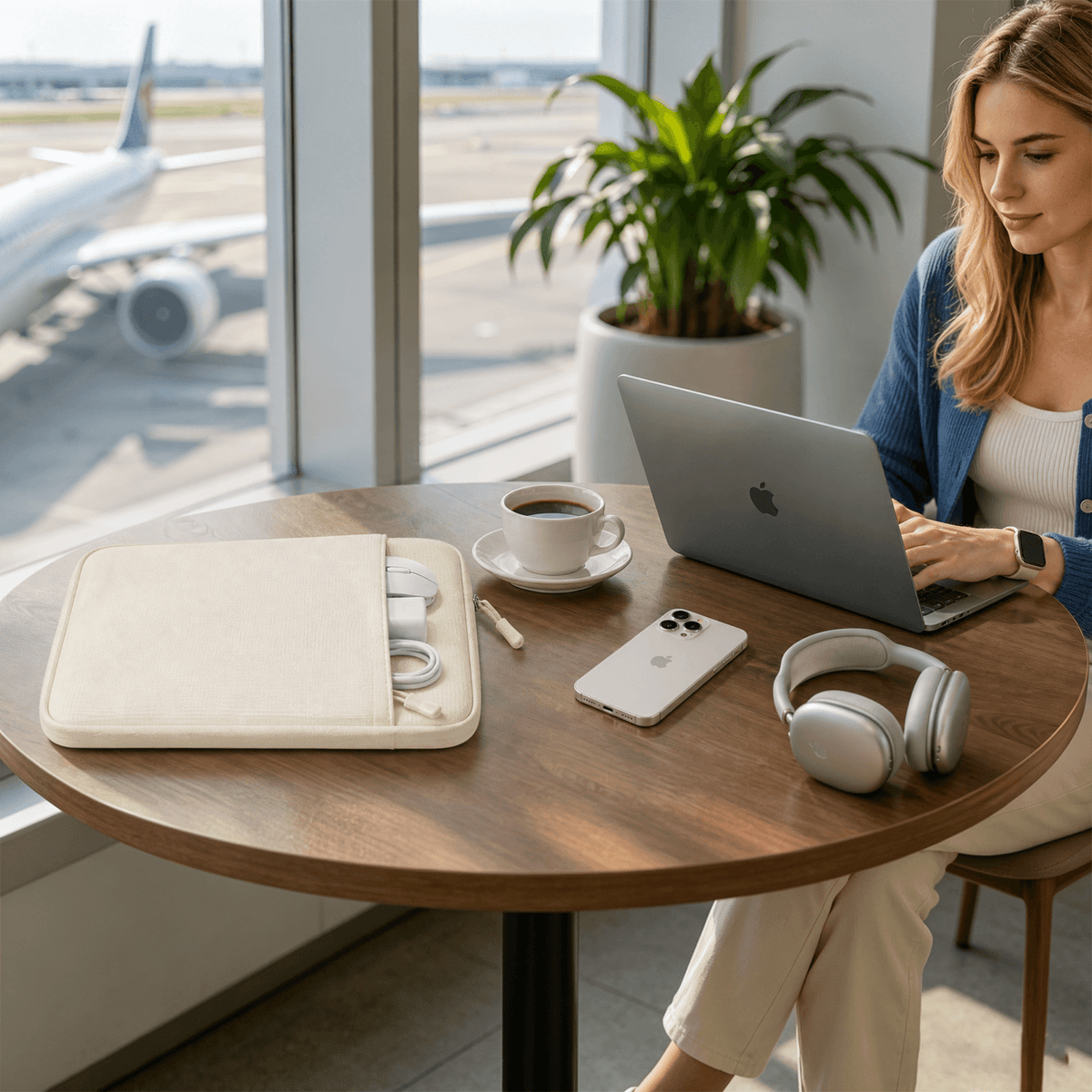 A woman sits at a round wooden table by a window in an airport lounge, working on a laptop. 
