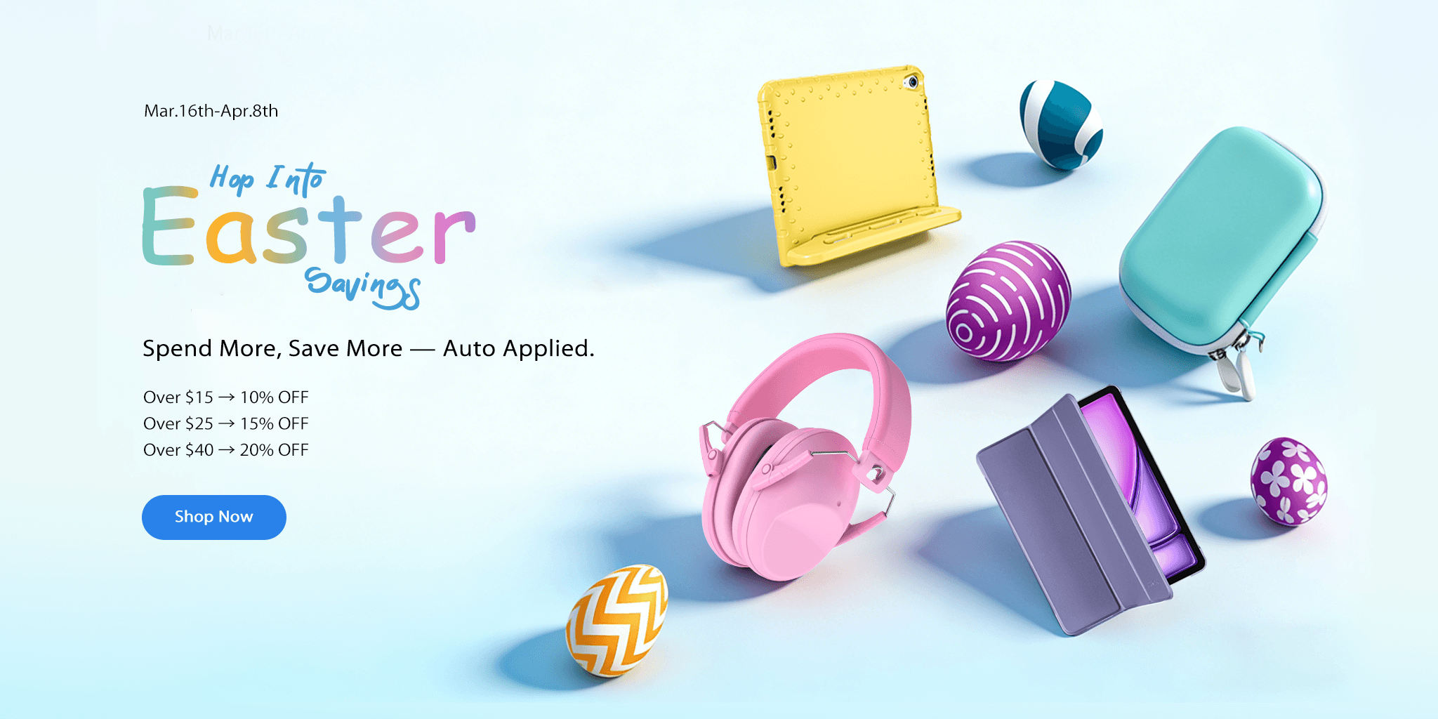 Colorful electronic accessories with Easter-themed decorations on a light blue background