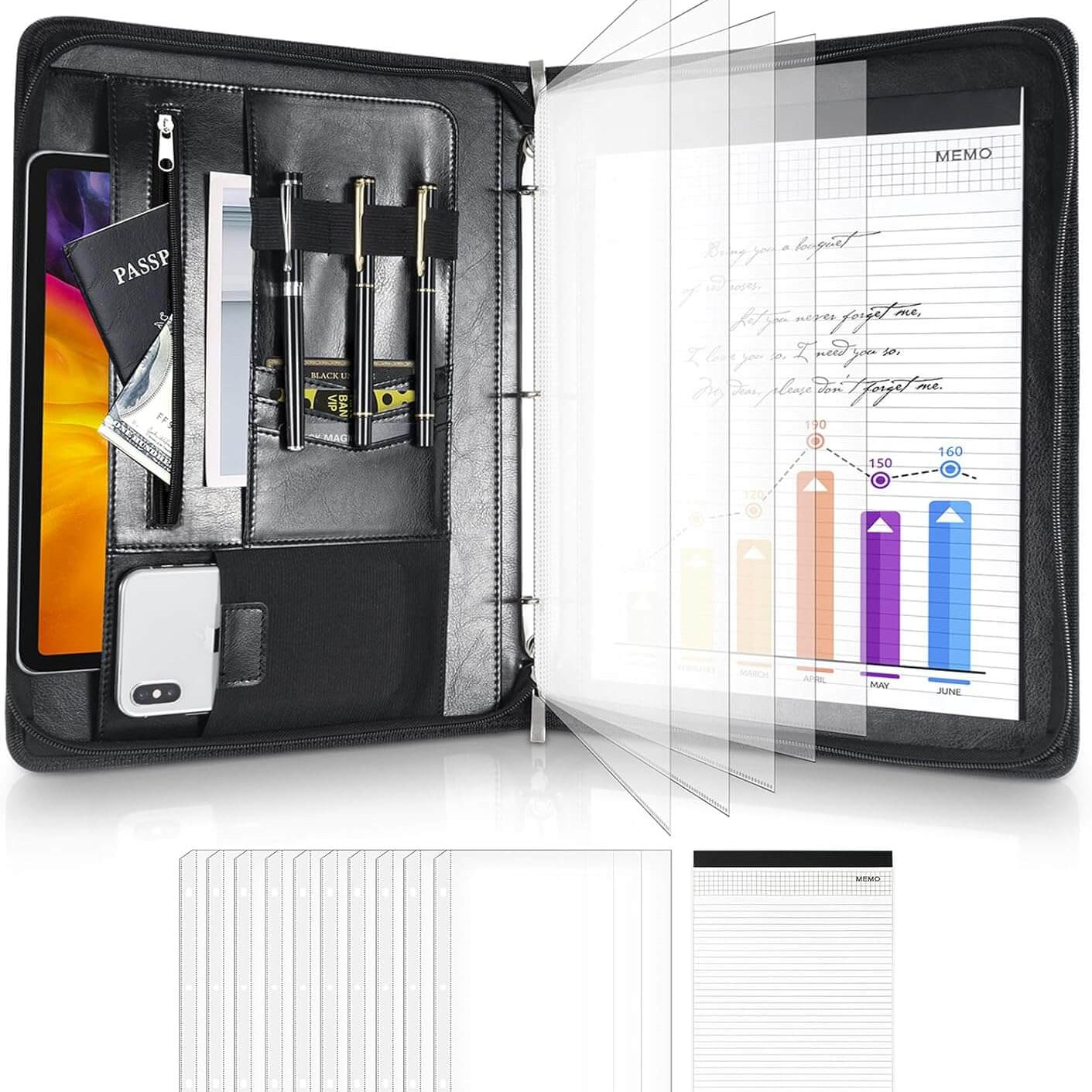 ProCase Business Portfolio 3 Ring Padfolio A4 Notepad Folder Black