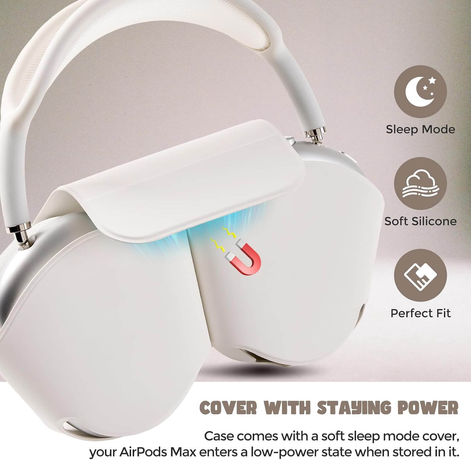 White AirPods Max sleep case with a soft silicone cover, shown on a light beige background with feature callouts including Sleep Mode, Soft Silicone, and Perfect Fit.