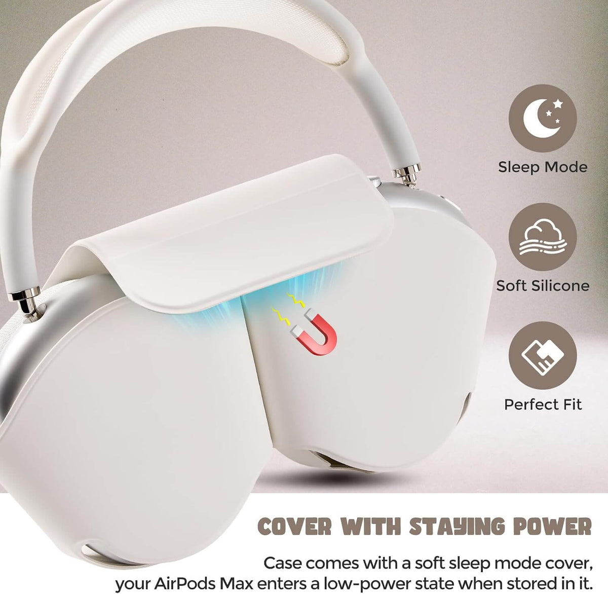 White AirPods Max sleep case with a soft silicone cover, shown on a light beige background with feature callouts including Sleep Mode, Soft Silicone, and Perfect Fit.