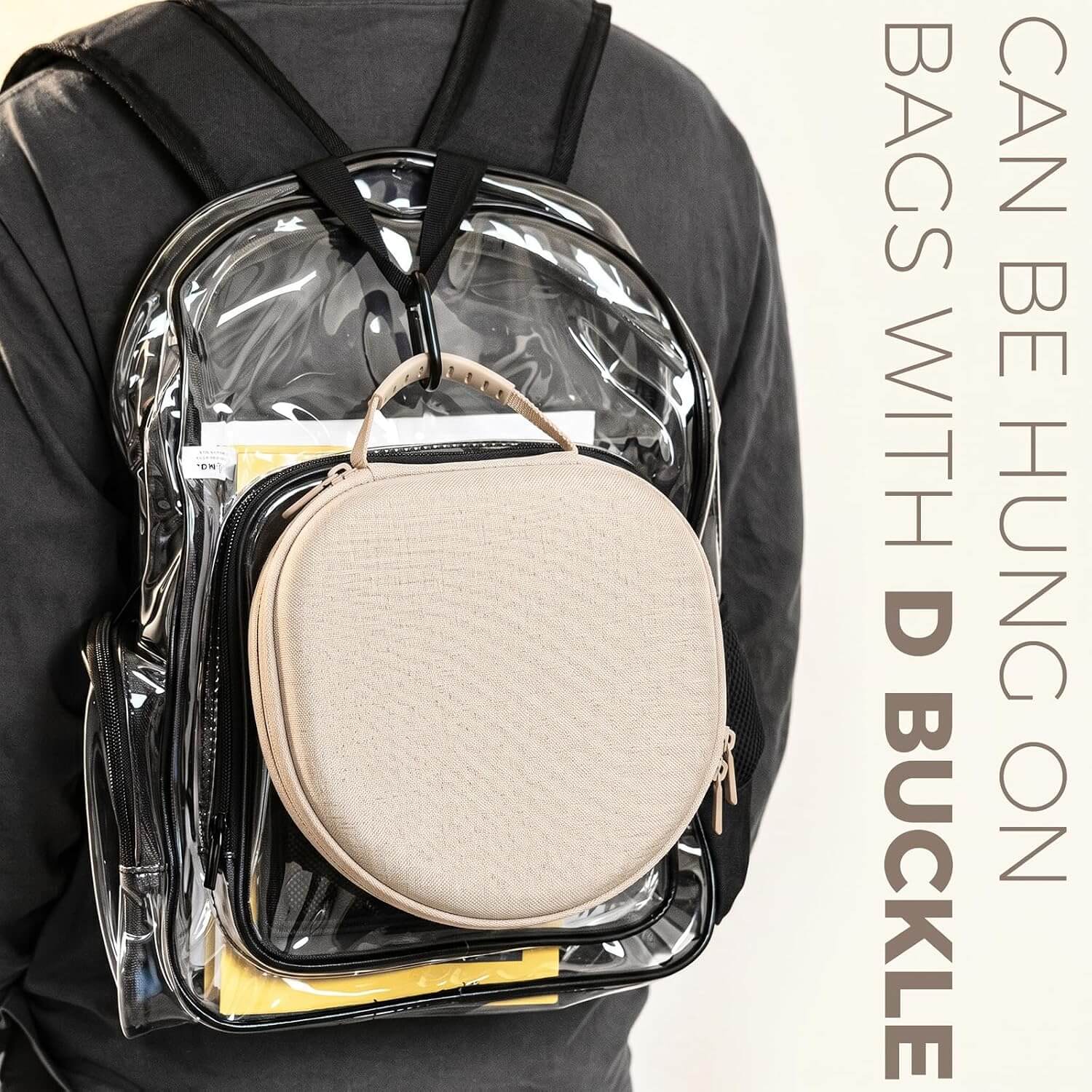 A person wearing a black backpack with a clear front pocket and an AirPods Max & AirPods Max 2 travel case hanging from the front buckle, shown against a light background with text on the right.