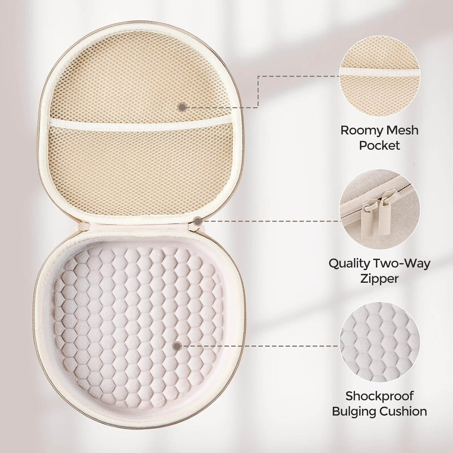 An open AirPods Max & AirPods Max 2 travel case with labeled callouts showing a roomy mesh pocket, a quality two-way zipper, and a shockproof bulging cushion.