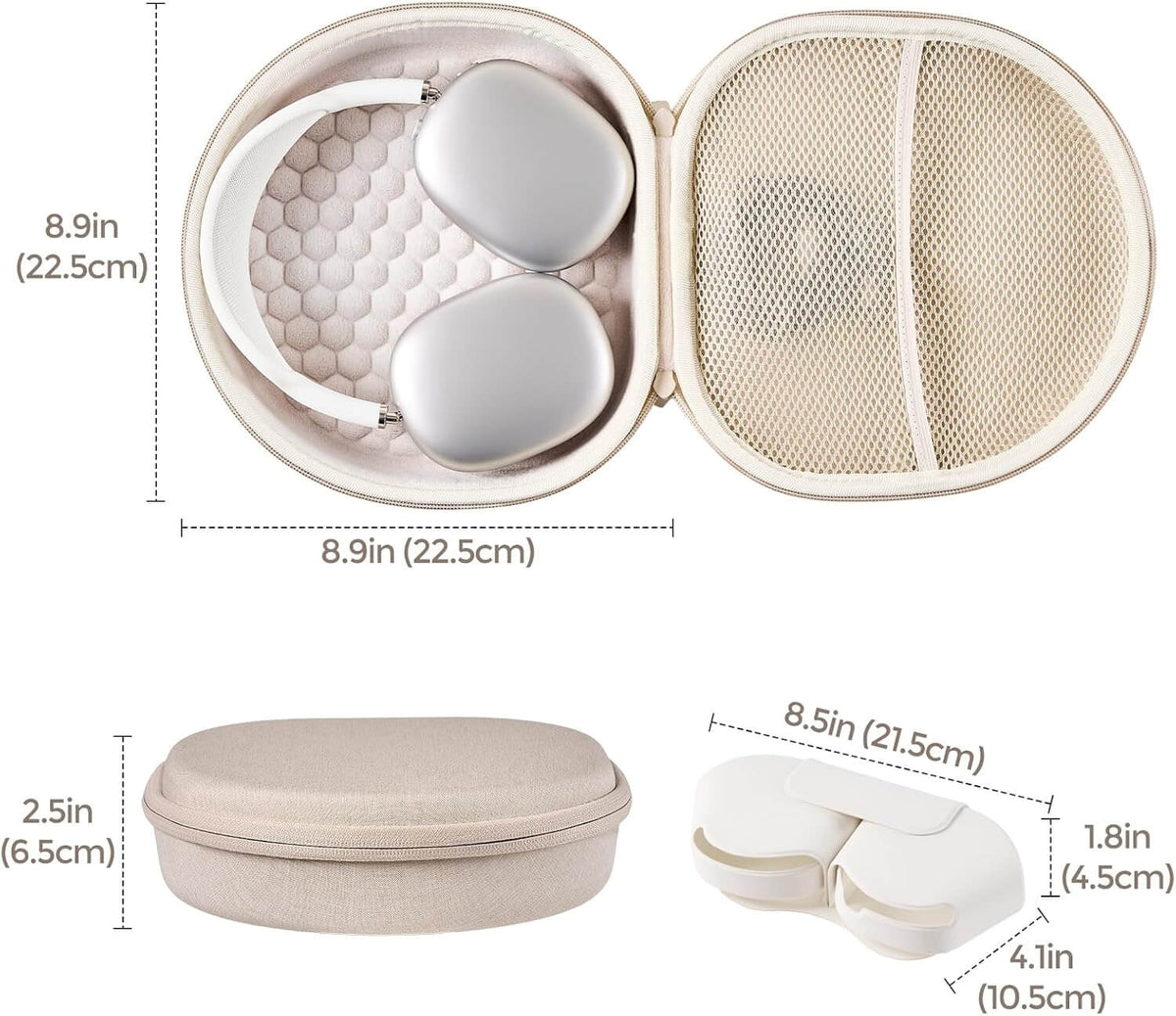 A beige AirPods Max & AirPods Max 2 travel case shown open and closed with overlaid dimension labels and measurements on a white background.