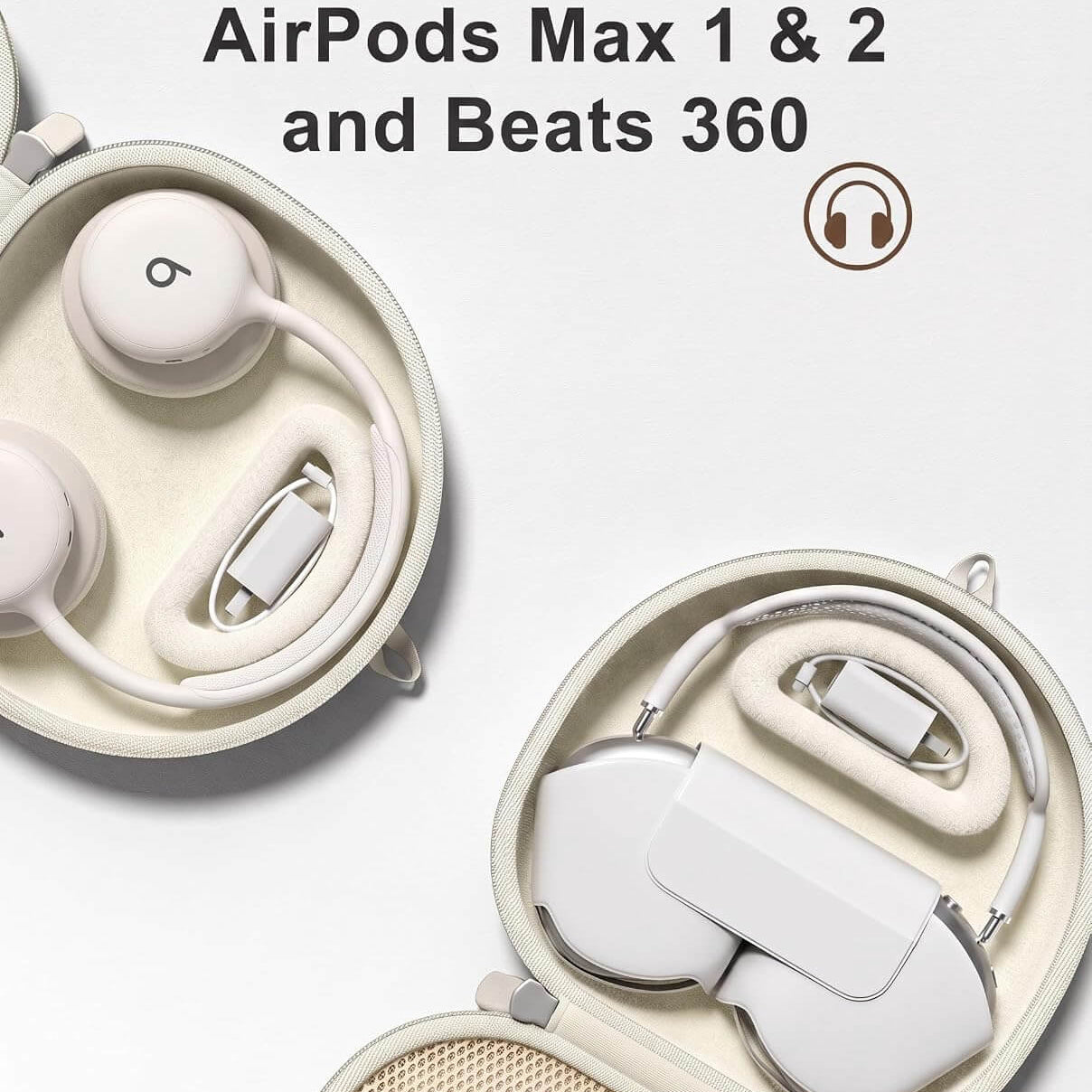 White Beats 360 & AirPods Max 1/2 Hard Travel Case shown inside two open round charging cases on a light gray background, with text reading 'Exclusively designed for AirPods Max 1 & 2 and Beats 360' and a headphone icon.
