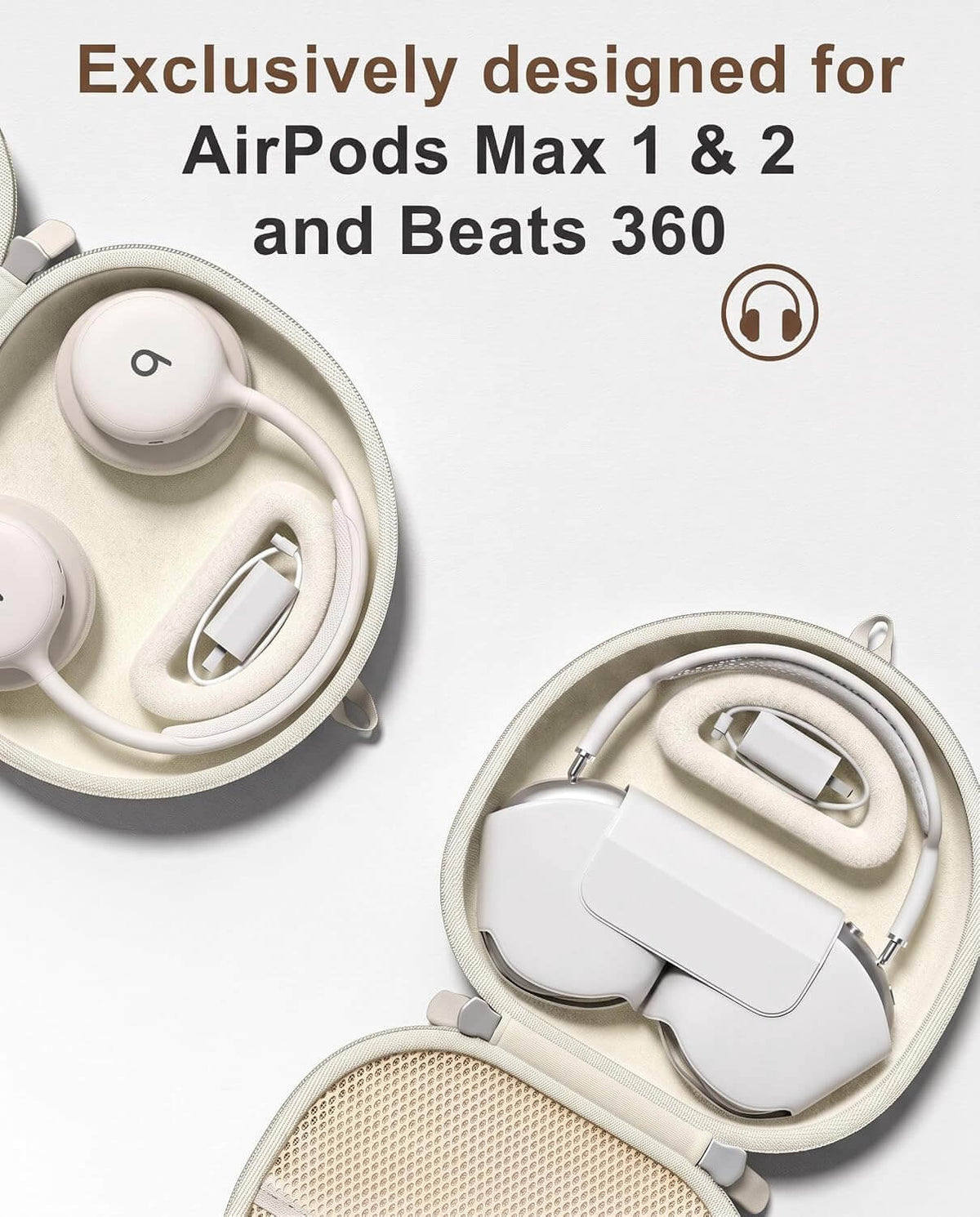 White Beats 360 & AirPods Max 1/2 Hard Travel Case shown inside two open round charging cases on a light gray background, with text reading 'Exclusively designed for AirPods Max 1 & 2 and Beats 360' and a headphone icon.