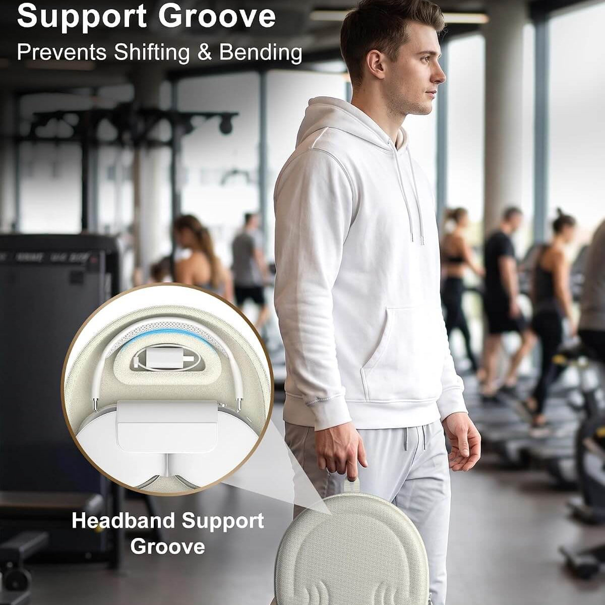 A man in a whiteBeats 360 & AirPods Max 1/2 Hard Travel Case and sweatpants stands in a gym while wearing a custom molded support headband, with text and inset diagrams explaining how the headband support groove prevents shifting and bending.