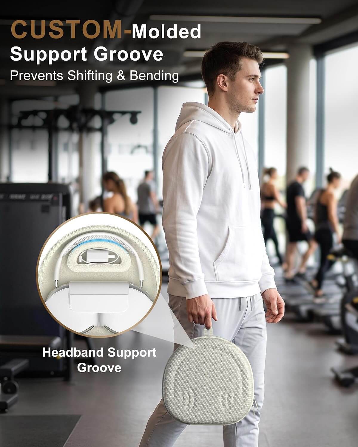 A man in a whiteBeats 360 & AirPods Max 1/2 Hard Travel Case and sweatpants stands in a gym while wearing a custom molded support headband, with text and inset diagrams explaining how the headband support groove prevents shifting and bending.