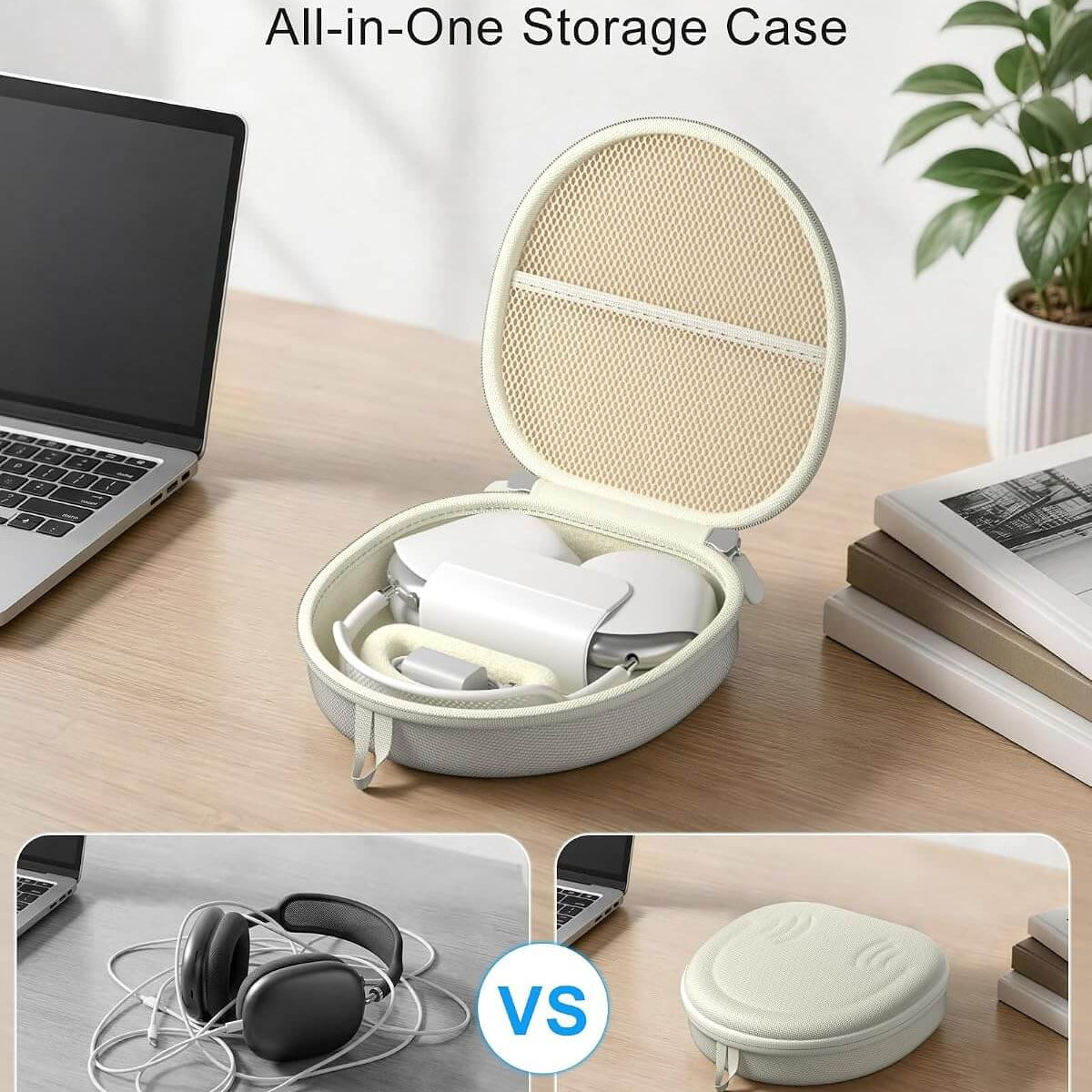 An all-in-one Beats 360 & AirPods Max 1/2 Hard Travel Case shown open on a desk, holding a white power bank and cable. The scene includes a laptop, plant, and books, with text reading 'Stay Organized' and 'All-in-One Storage Case.