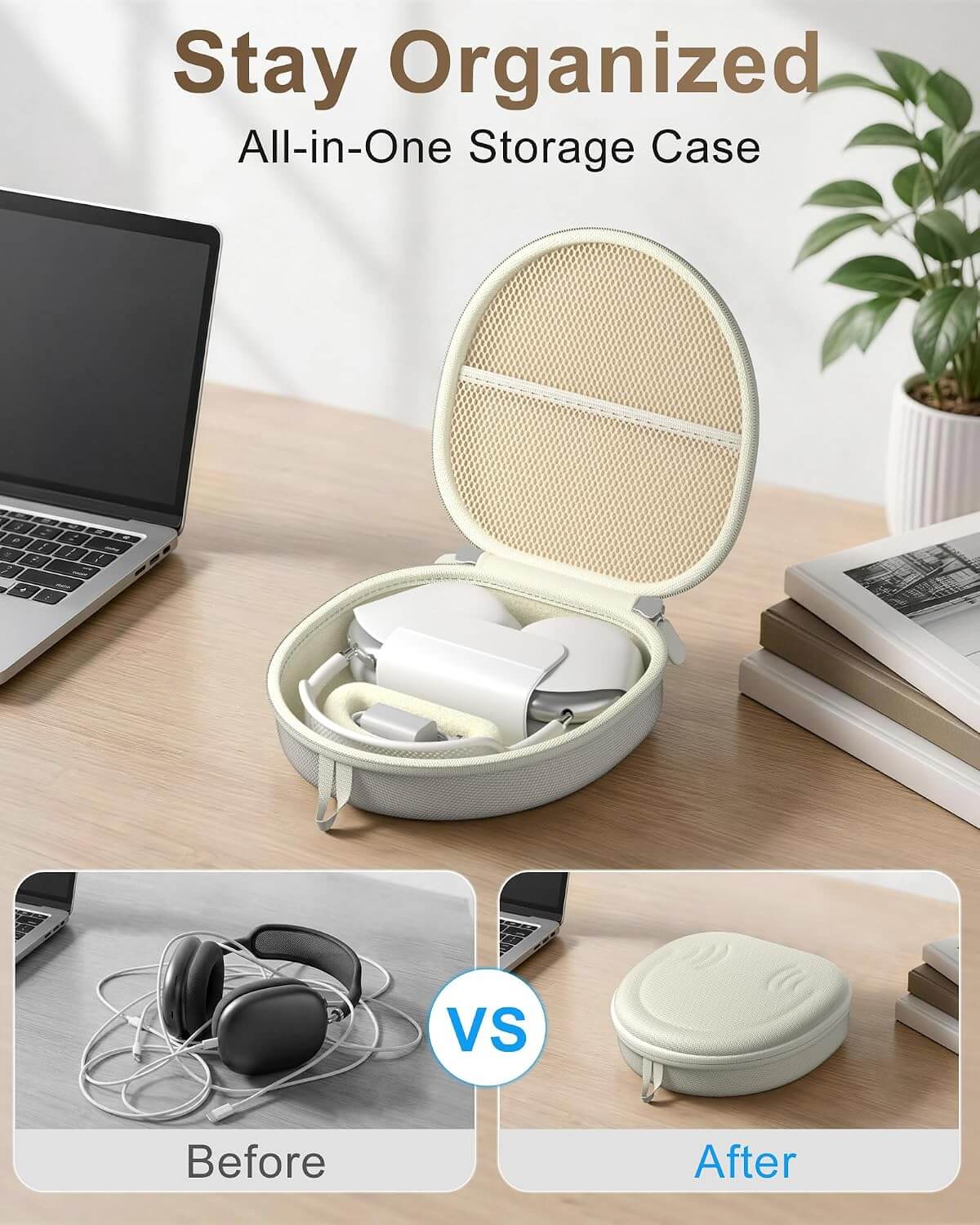 An all-in-one Beats 360 & AirPods Max 1/2 Hard Travel Case shown open on a desk, holding a white power bank and cable. The scene includes a laptop, plant, and books, with text reading 'Stay Organized' and 'All-in-One Storage Case.
