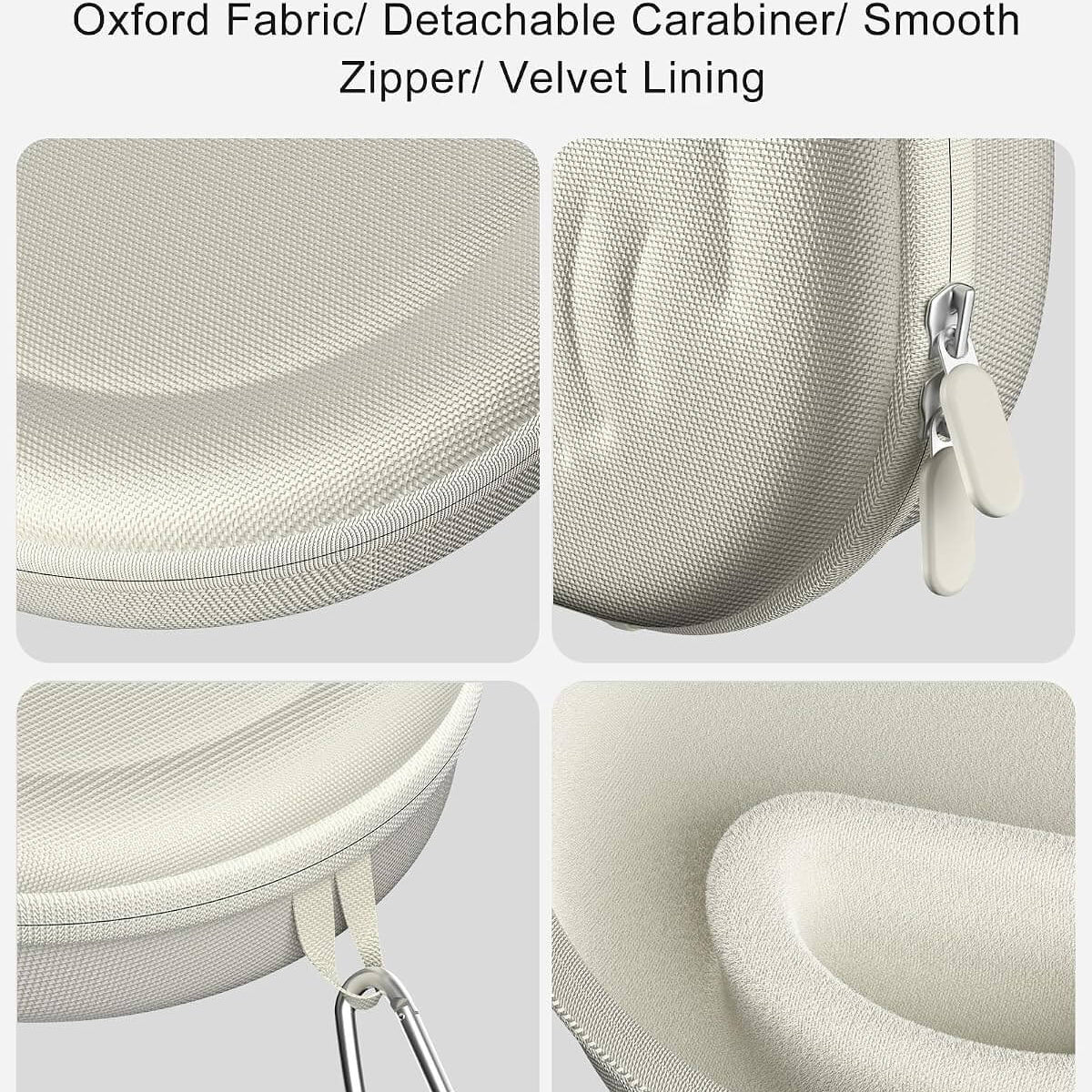 Four-panel close-up detail view of a Beats 360 & AirPods Max 1/2 Hard Travel Case in light warm gray/cream fabric, showing the exterior texture, zipper pull, detachable carabiner, and interior velvet lining. Text at the top reads 'Premium Details' with feature callouts.