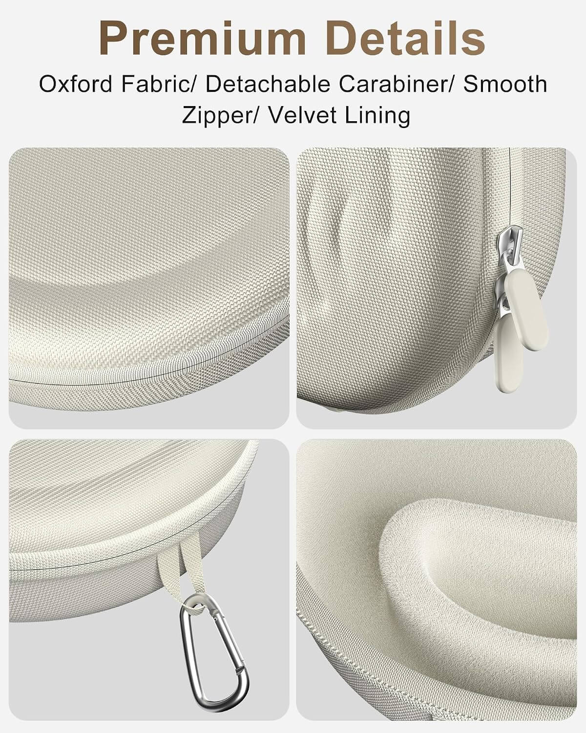Four-panel close-up detail view of a Beats 360 & AirPods Max 1/2 Hard Travel Case in light warm gray/cream fabric, showing the exterior texture, zipper pull, detachable carabiner, and interior velvet lining. Text at the top reads 'Premium Details' with feature callouts.