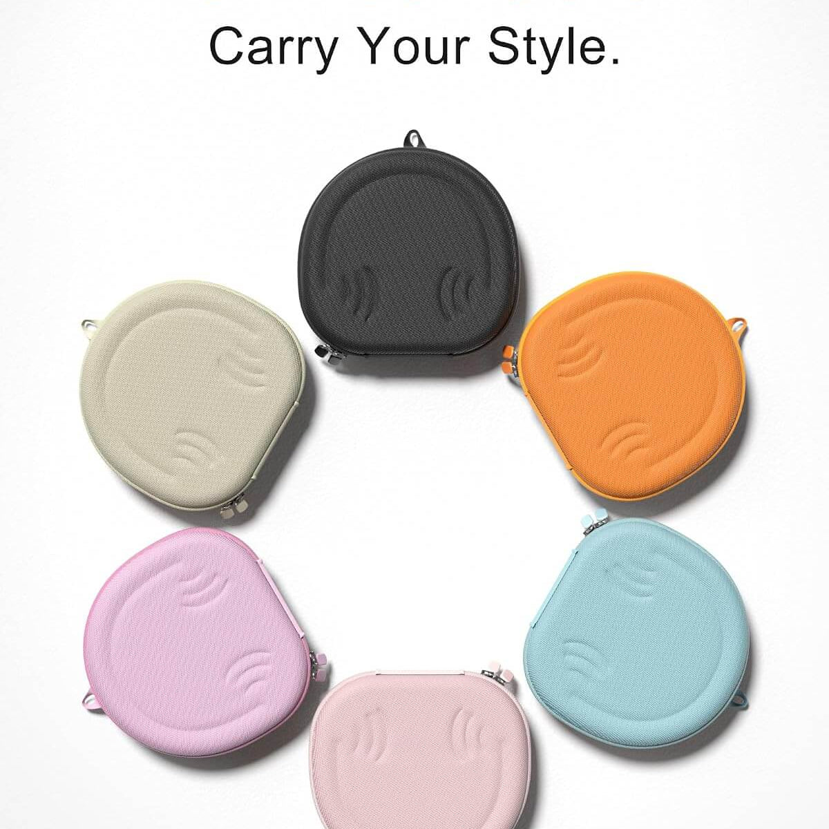 Six small Beats 360 & AirPods Max 1/2 Hard Travel Case arranged in a circle on a white background, each in a different pastel or neutral color: black, orange, light blue, pink, light pink, and cream. Blue and black text at the top reads, 'Pick Your Color.