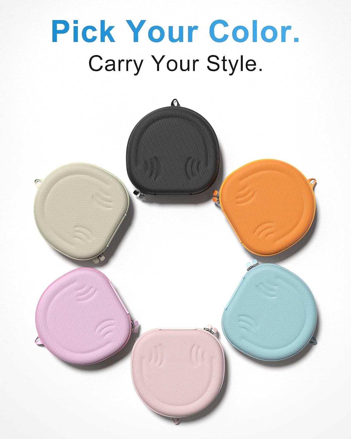 Six small Beats 360 & AirPods Max 1/2 Hard Travel Case arranged in a circle on a white background, each in a different pastel or neutral color: black, orange, light blue, pink, light pink, and cream. Blue and black text at the top reads, 'Pick Your Color.