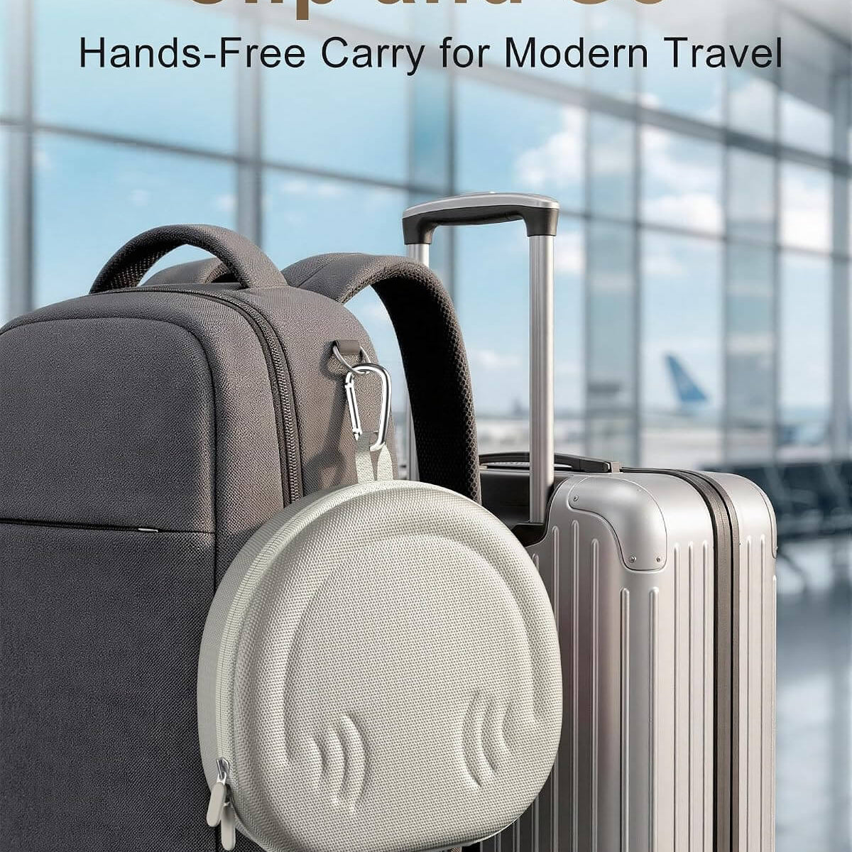 A Beats 360 & AirPods Max 1/2 Hard Travel Case clipped to a gray backpack, shown next to a silver suitcase in a blurred airport terminal setting. Text at the top reads 'Clip and Go Hands-Free Carry for Modern Travel'.