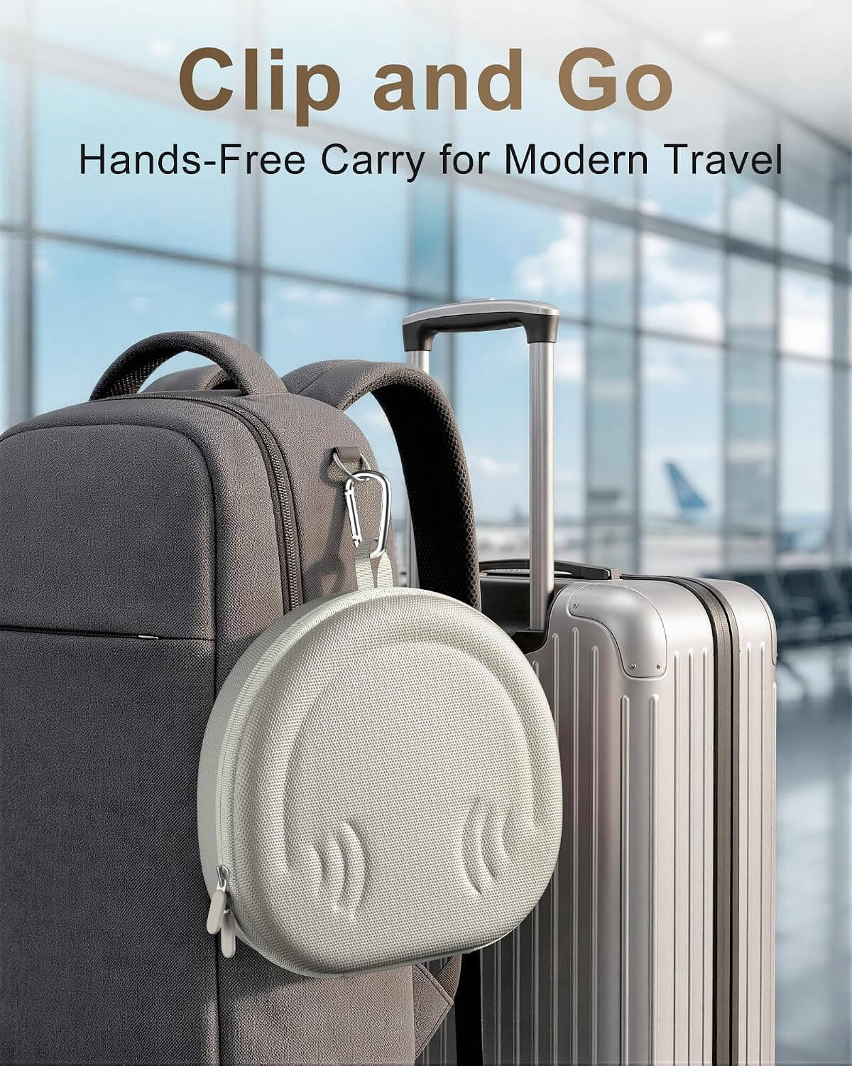 A Beats 360 & AirPods Max 1/2 Hard Travel Case clipped to a gray backpack, shown next to a silver suitcase in a blurred airport terminal setting. Text at the top reads 'Clip and Go Hands-Free Carry for Modern Travel'.