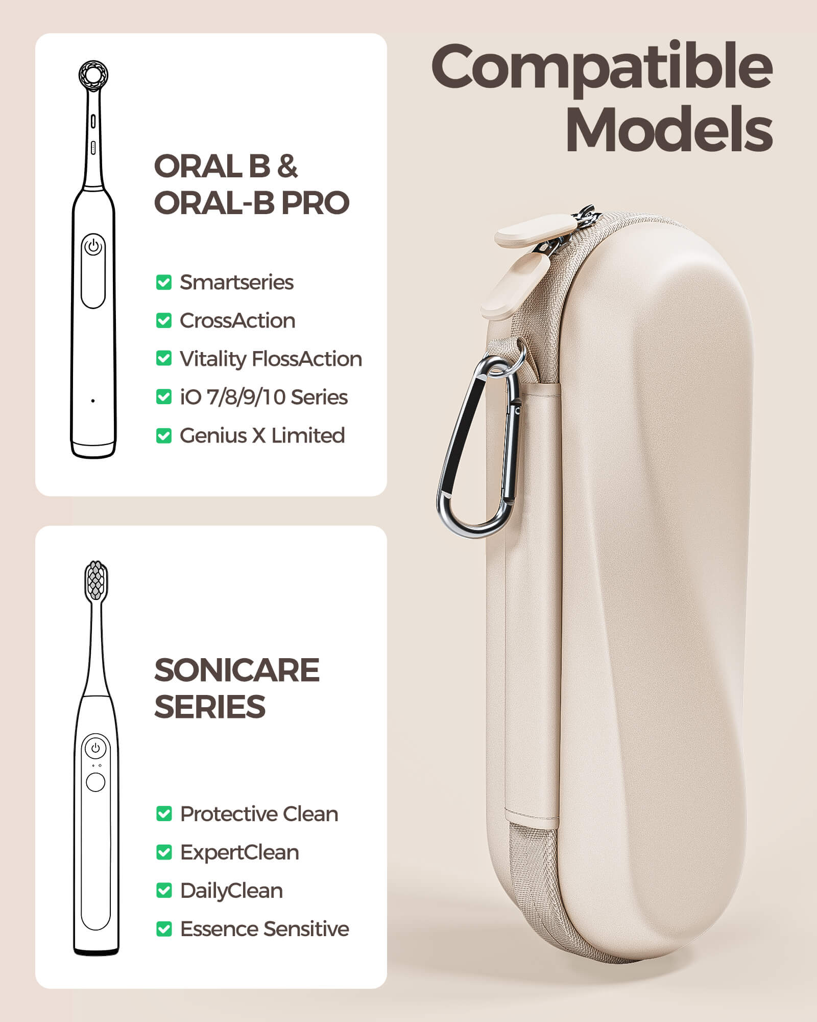 Beige carrying case with carabiner for electric toothbrushes, compatible with Oral-B and Sonicare models.