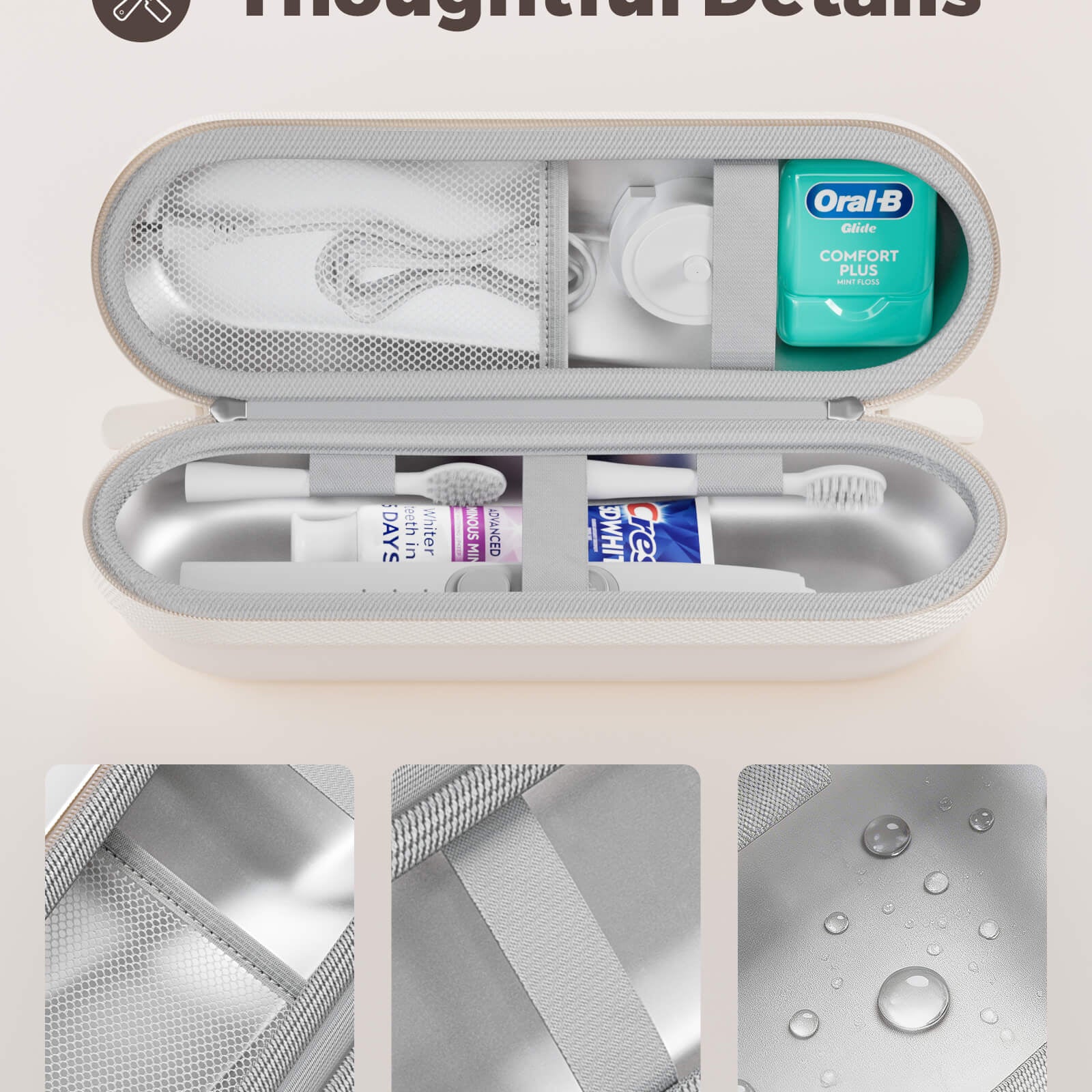 Open travel case with dental products including toothbrush, toothpaste, and floss, with close-up details of mesh pocket, elastic straps, and water resistance.