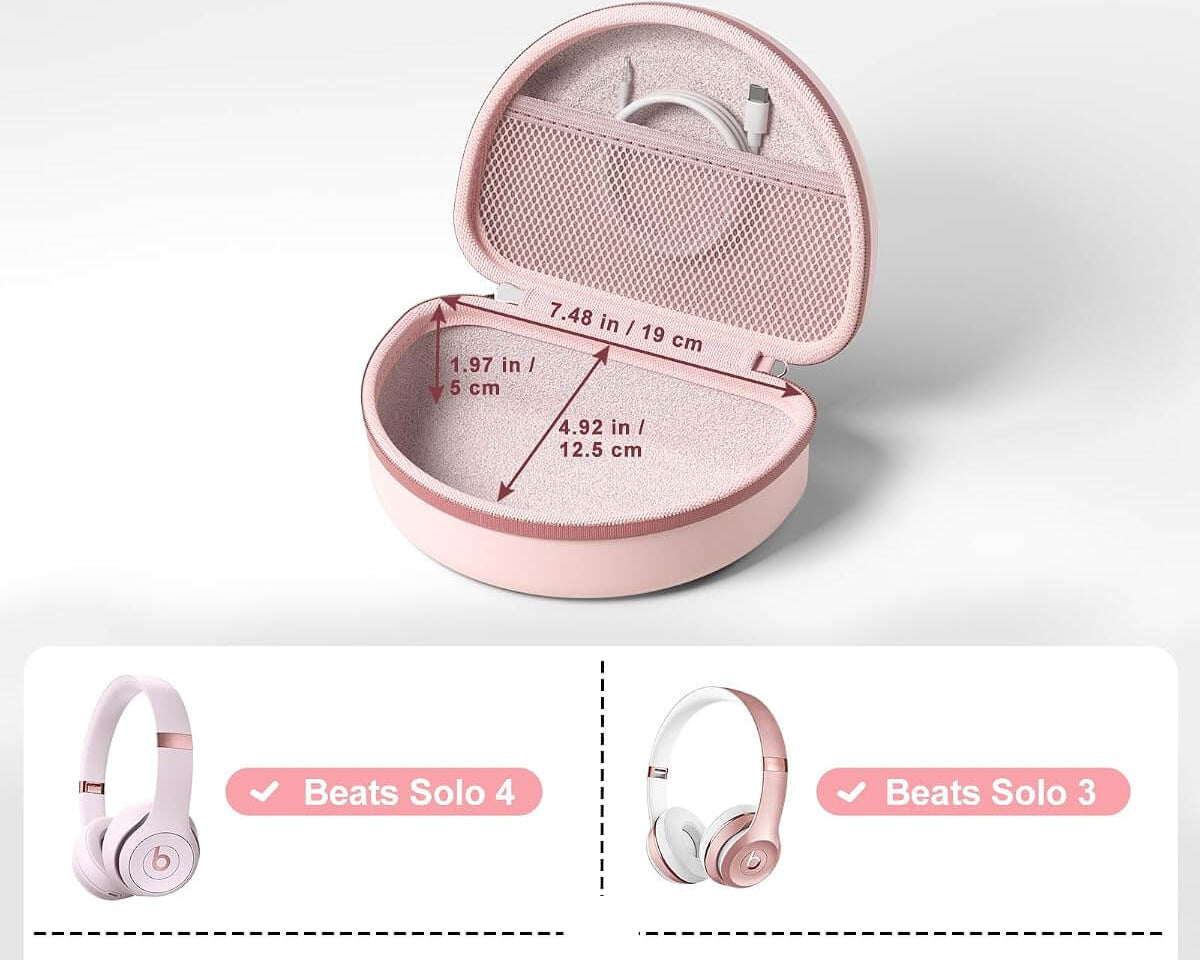 Pink round Beats headphones storage case shown open with dimensions labeled inside, plus text stating it fits Beats headphones. Below, four small headphone models are shown with labels for Beats Solo 4, Beats Solo 3, Beats Studio Pro, and Beats Studio 3 on a white background.