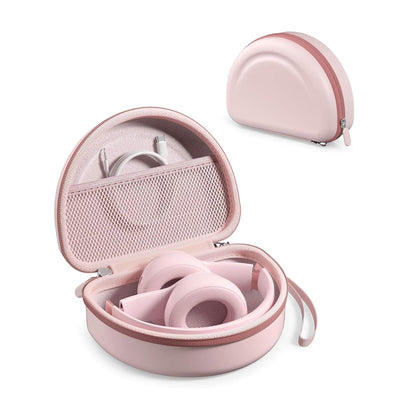 A light pink zippered hard carrying case shown open with over-ear headphones inside, plus a smaller closed view of the same case in the upper right on a white background.