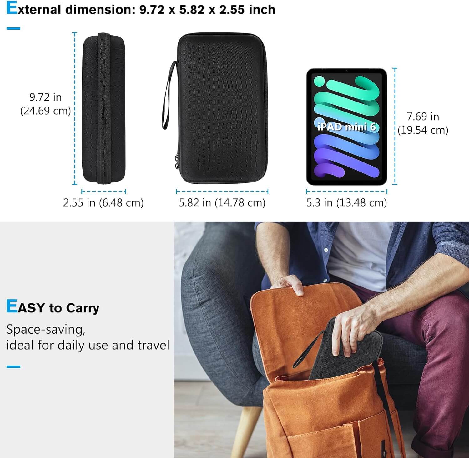  ProCase hard travel tech organizer case for electronics accessories with dimensions and an iPad mini 6 illustration, person opening a brown bag.