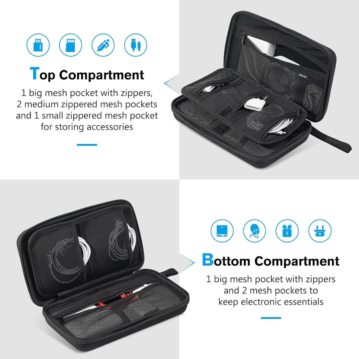 Black hard travel tech organizer case for electronics accessories shown open in a two-panel infographic, with text describing the top and bottom compartments and icons indicating storage features.