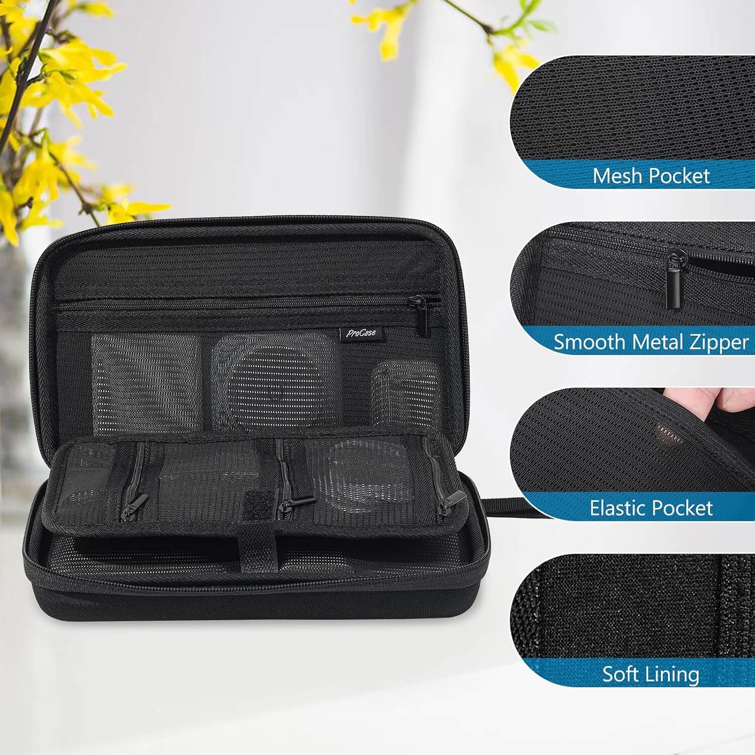 Black hard travel tech organizer case for electronics accessories with features highlighted on a white background