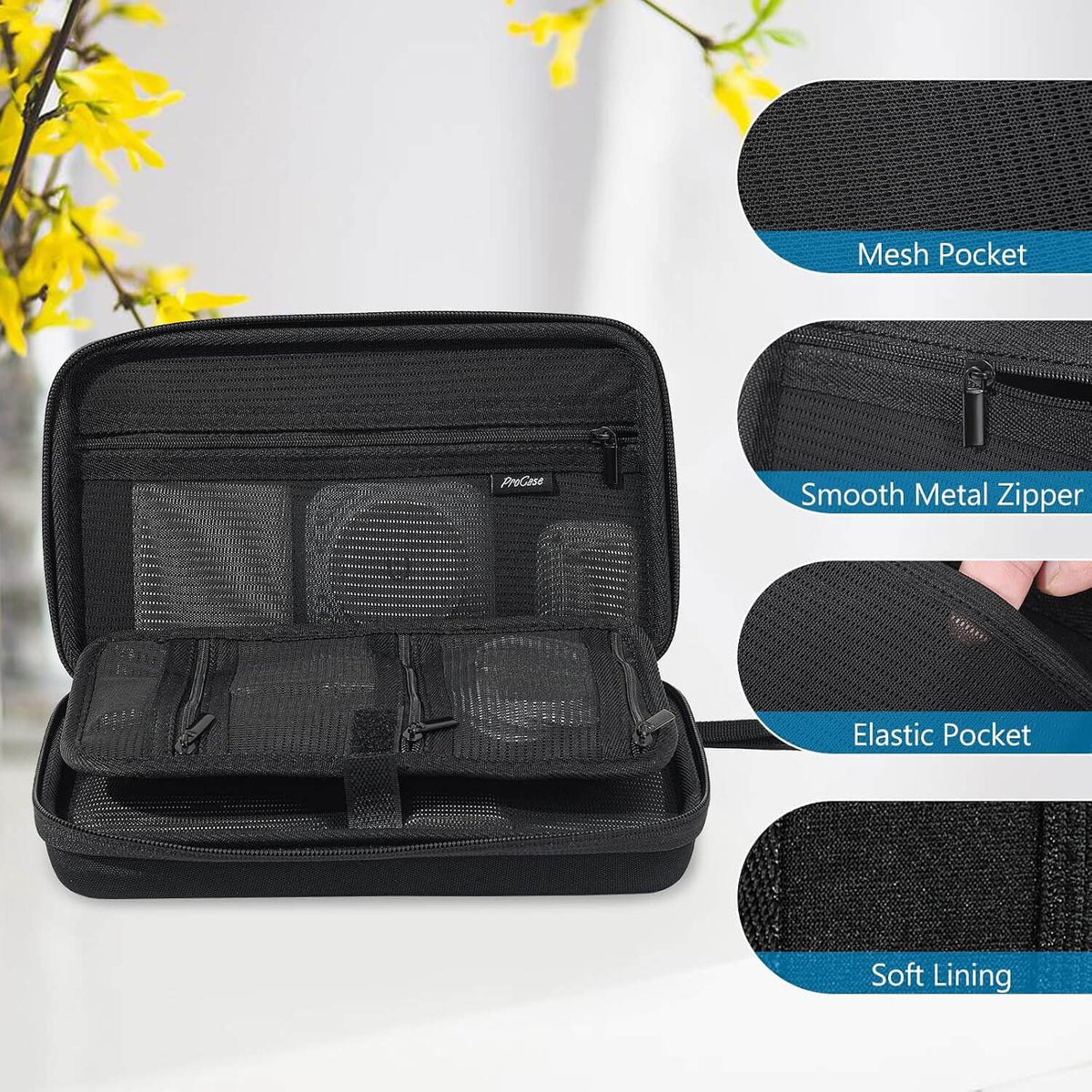 Black hard travel tech organizer case for electronics accessories with features highlighted on a white background