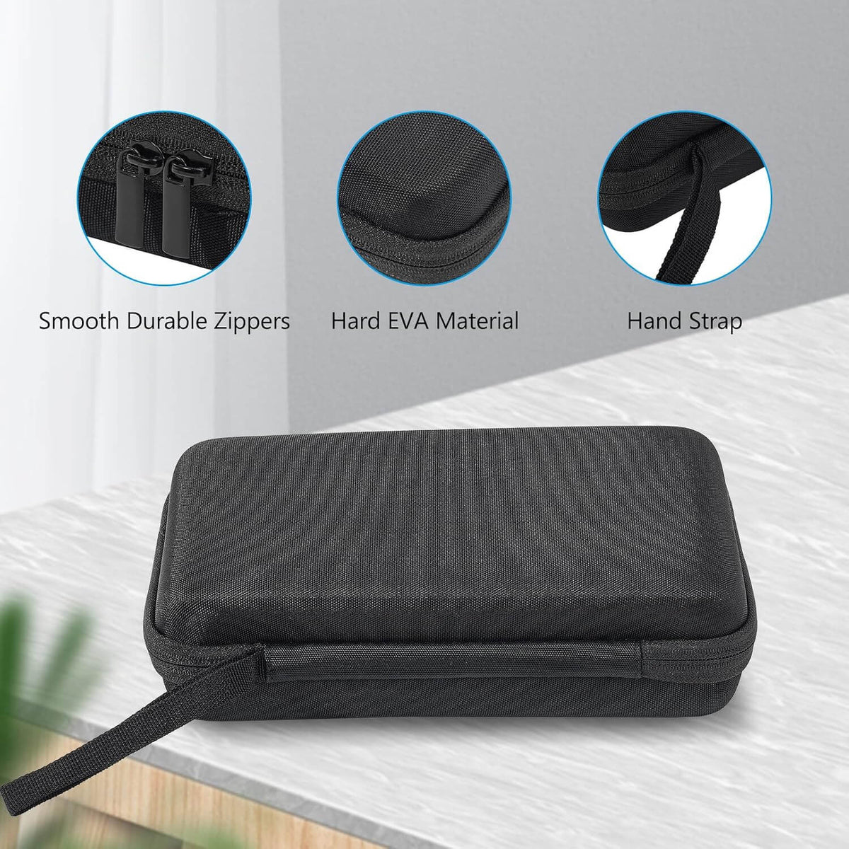 A black hard travel tech organizer case for electronics accessories with a zipper closure and wrist strap, shown on a light marble surface. Three circular detail callouts at the top highlight durable zippers, hard EVA material, and the hand strap.