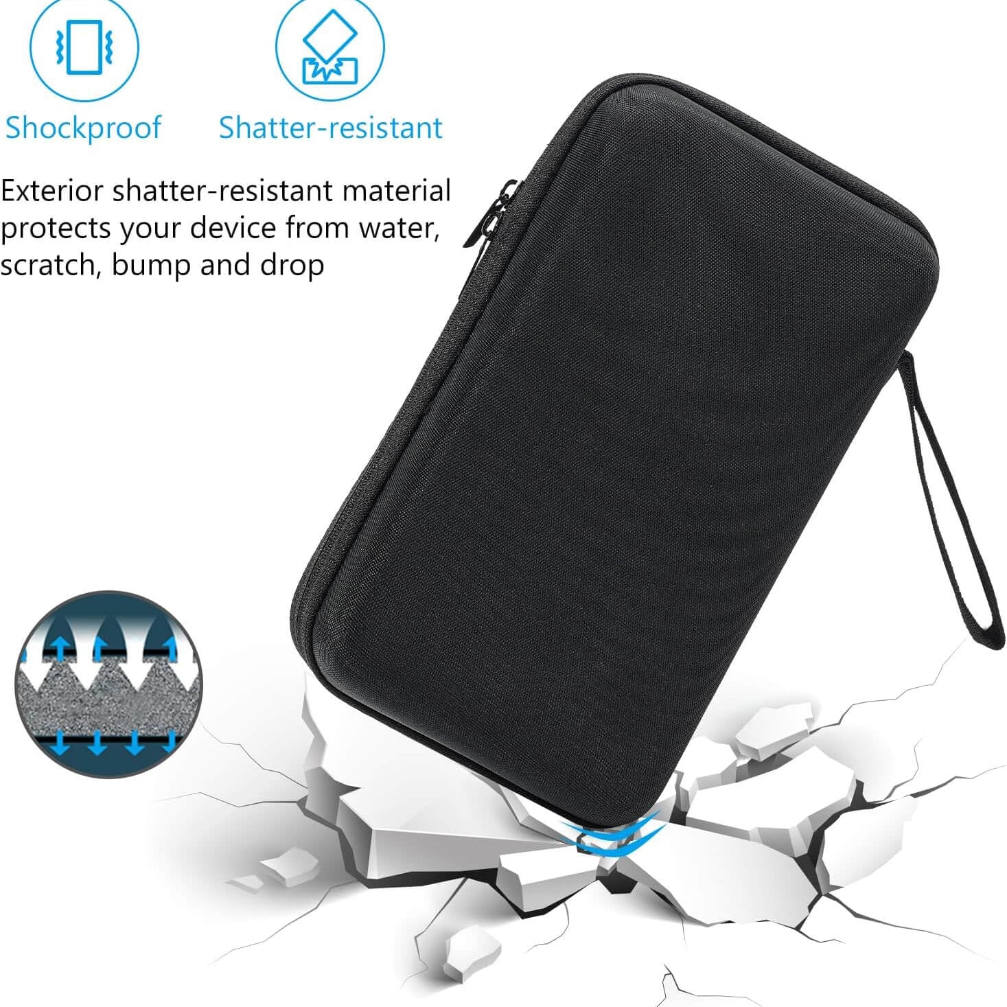 Black hard travel tech organizer case for electronics accessories with shockproof and shatter-resistant features on a white background