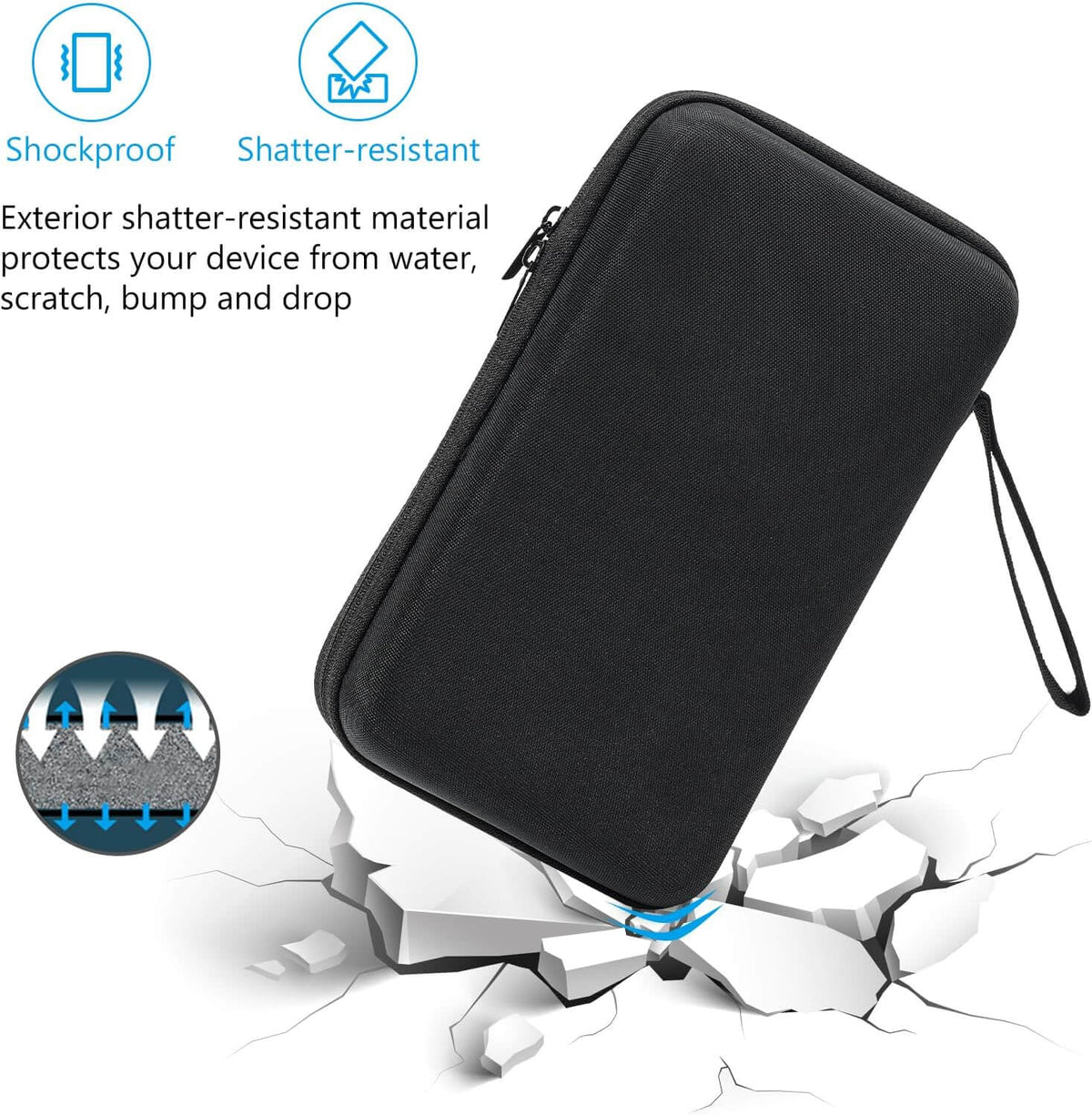 Black hard travel tech organizer case for electronics accessories with shockproof and shatter-resistant features on a white background