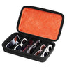 Black eyeglass case with orange interior containing multiple pairs of sunglasses.