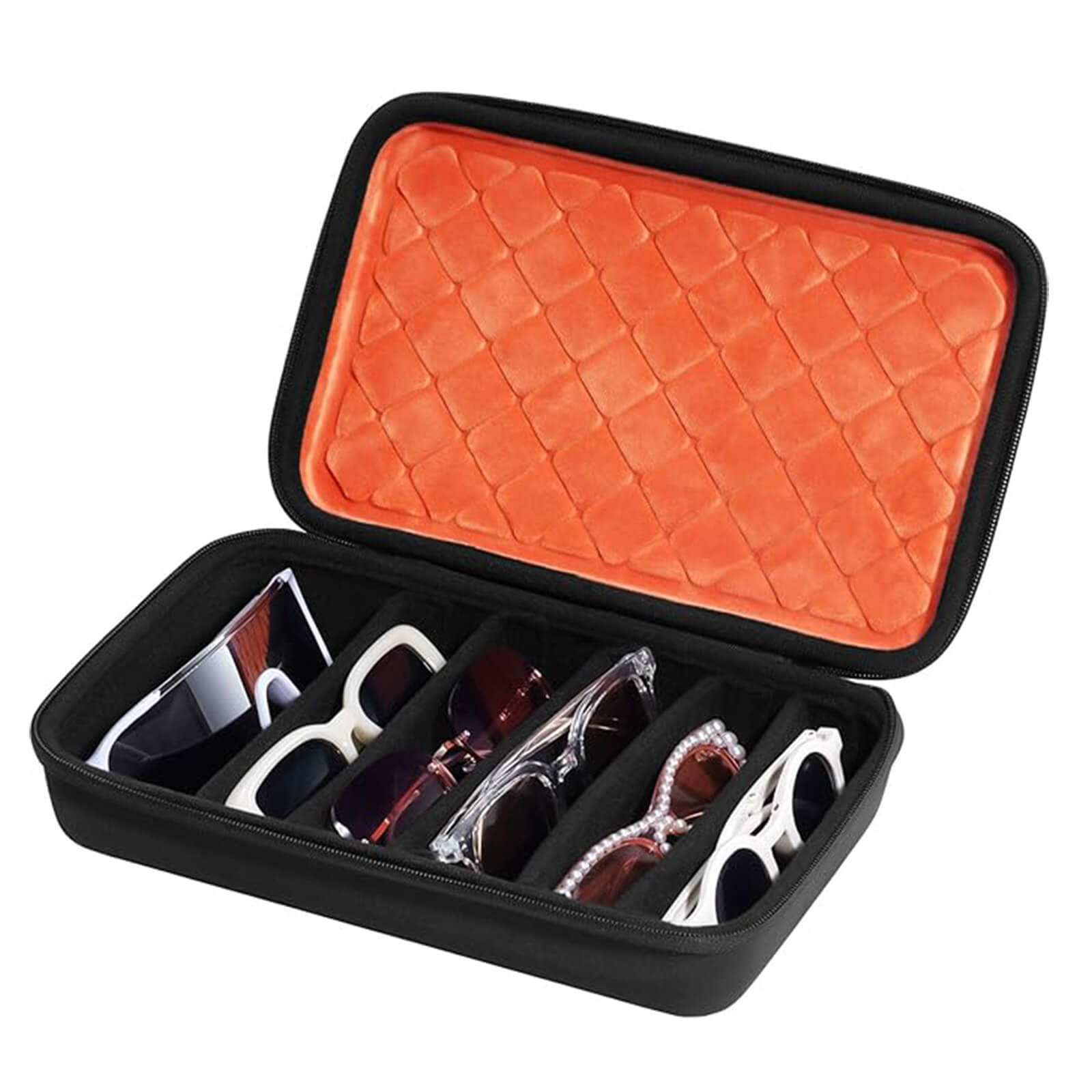 Black eyeglass case with orange interior containing multiple pairs of sunglasses.