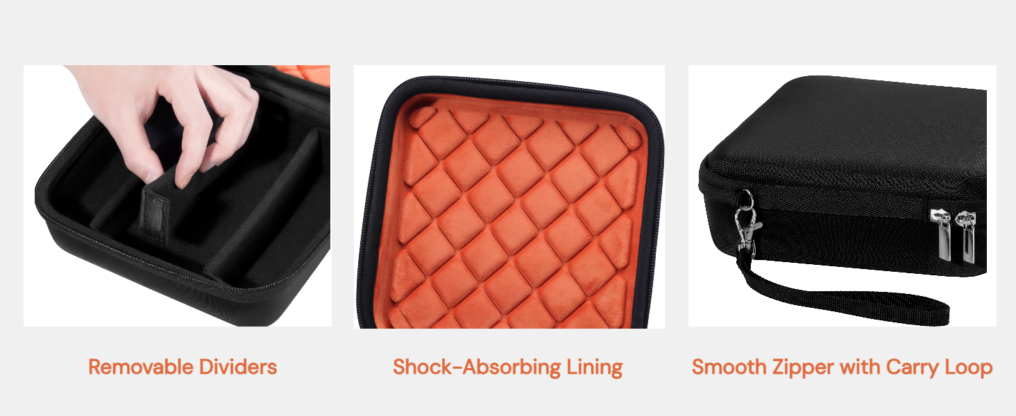 Product features including removable dividers, shock-absorbing lining, and smooth zipper with carry loop.