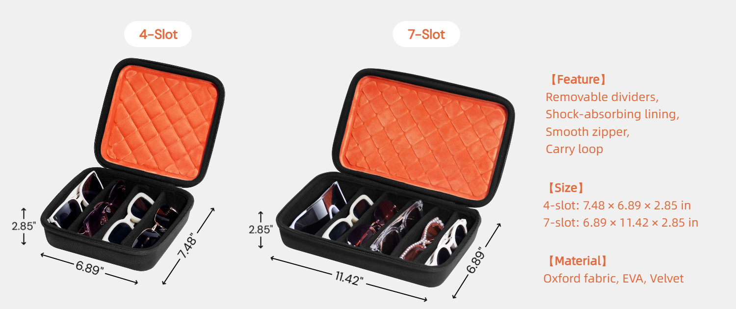 Two black carrying cases with orange interior, labeled 4-slot and 7-slot, showing sunglasses inside.