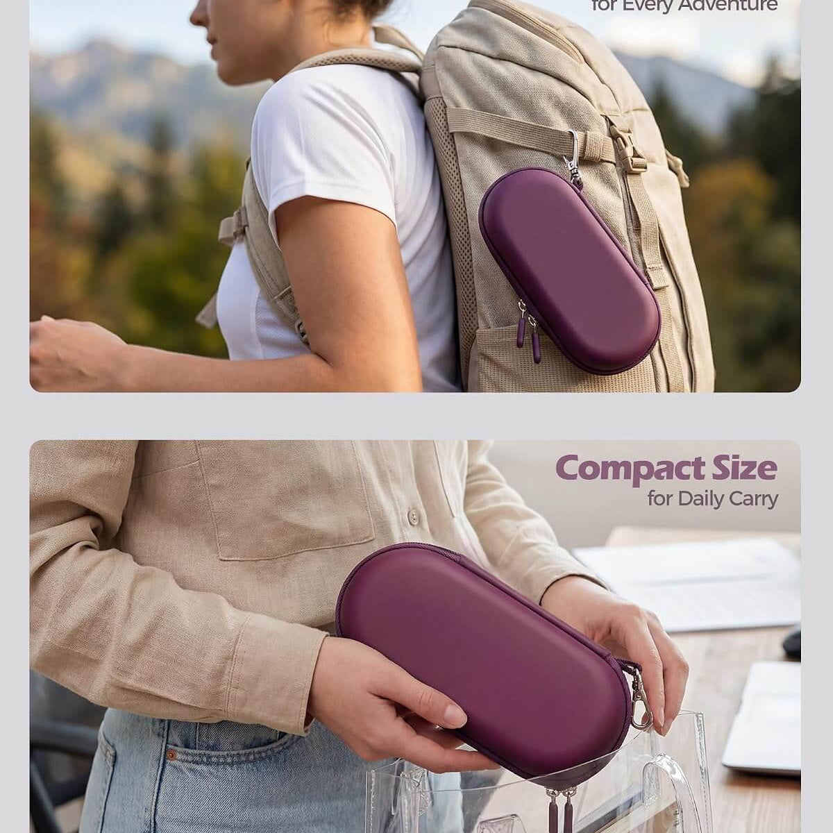 Purple Hard Double Sunglasses Glasses Case for Men Women, Travel Zipper Organizer for Couple Gifts attached to a backpack with scenic background