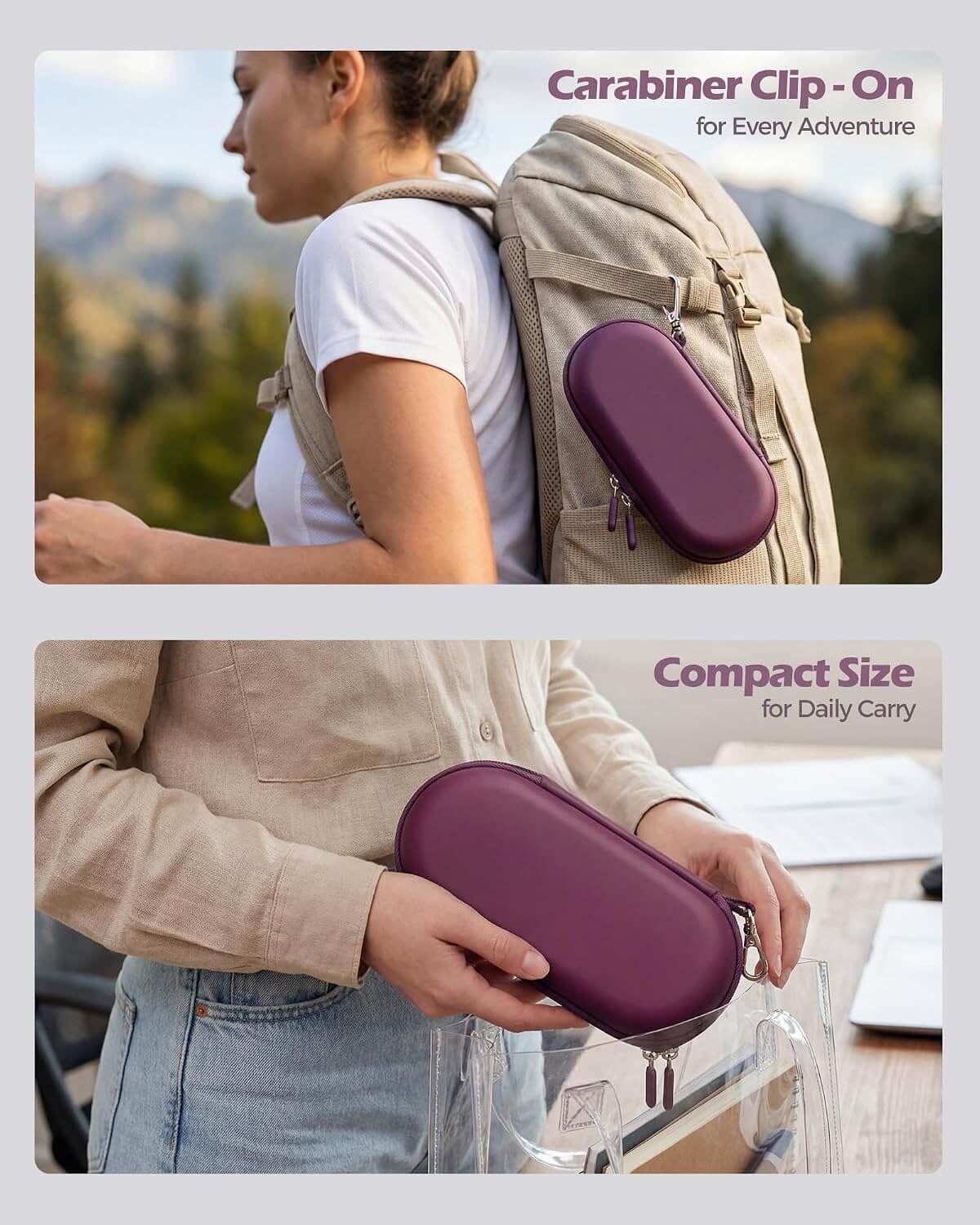 Purple Hard Double Sunglasses Glasses Case for Men Women, Travel Zipper Organizer for Couple Gifts attached to a backpack with scenic background