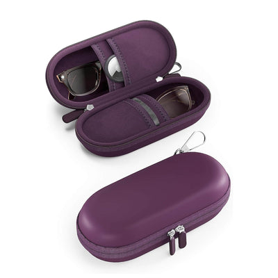 Two purple hard-shell sunglasses cases on a white background, one open with sunglasses inside and one closed with a silver zipper pull.