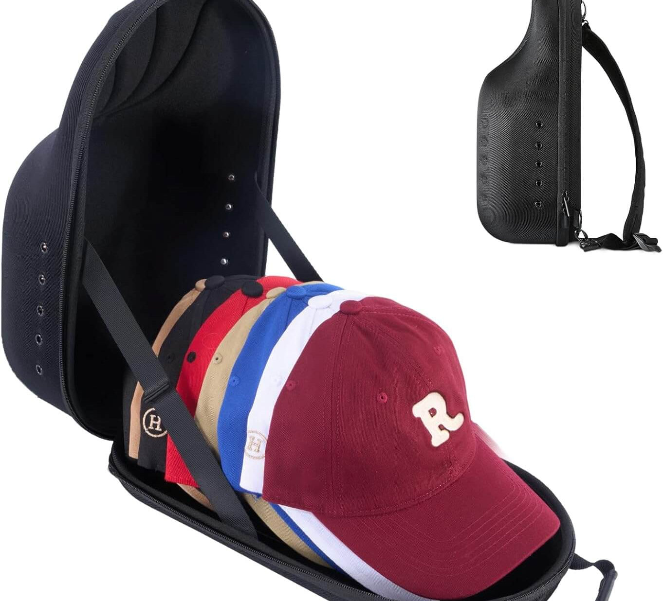 Black cap carrier with multiple caps inside on a white background