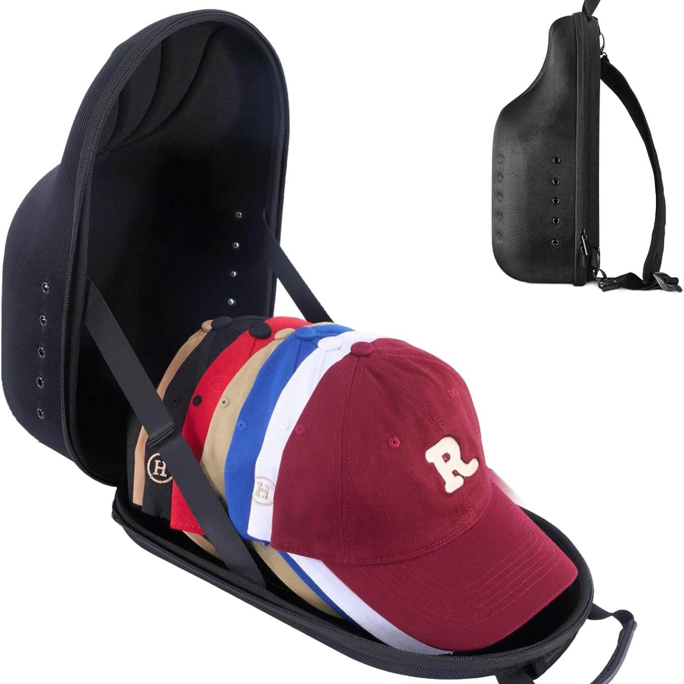 Black cap carrier with multiple caps inside on a white background